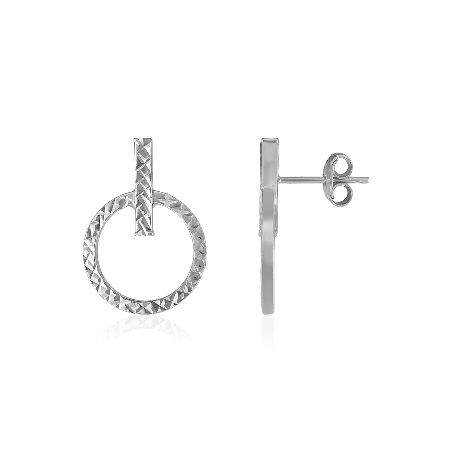 14k White Gold Textured Circle and Bar Post Earrings - Image 2