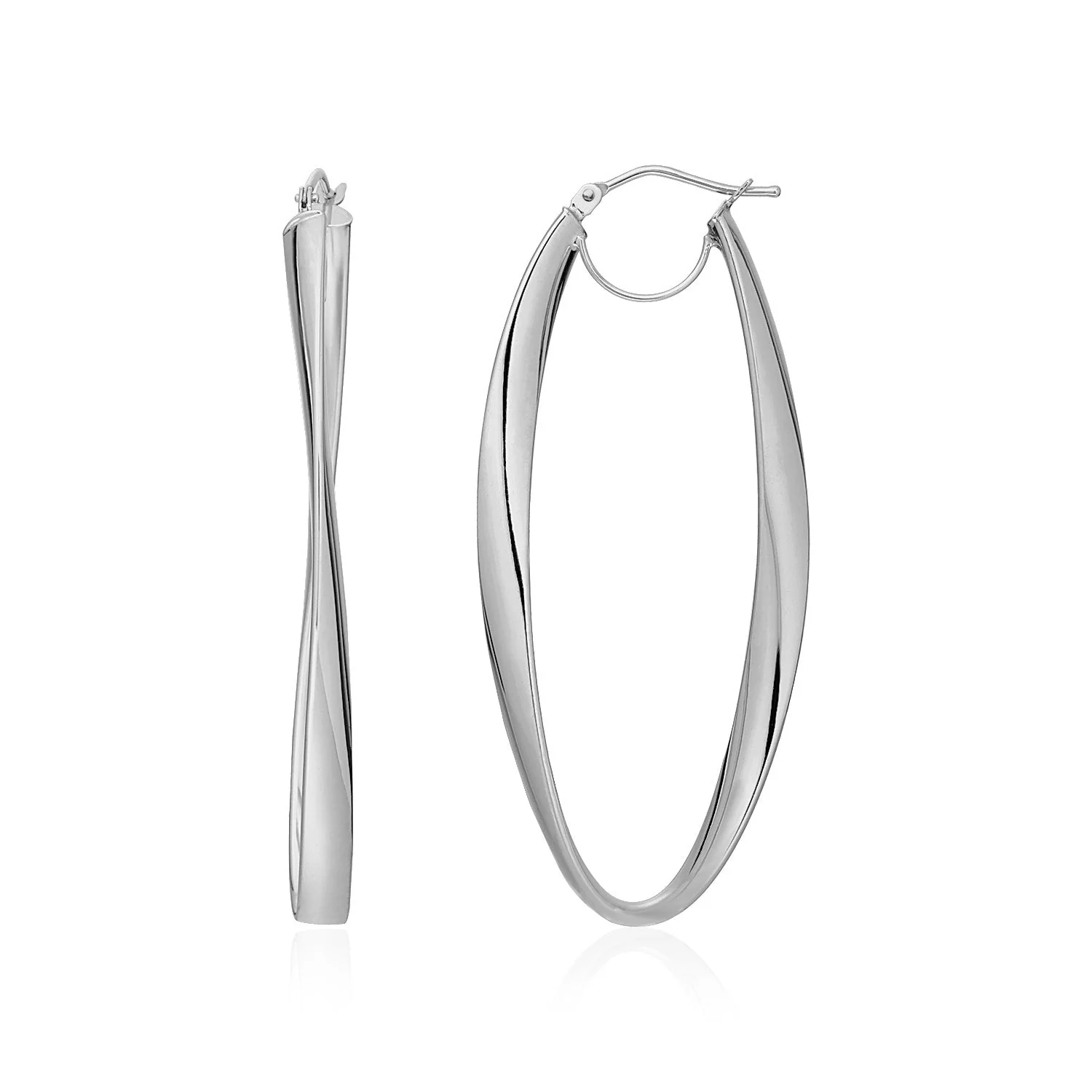 14k White Gold Twist Motif Oval Shape Hoop Earrings - Image 2
