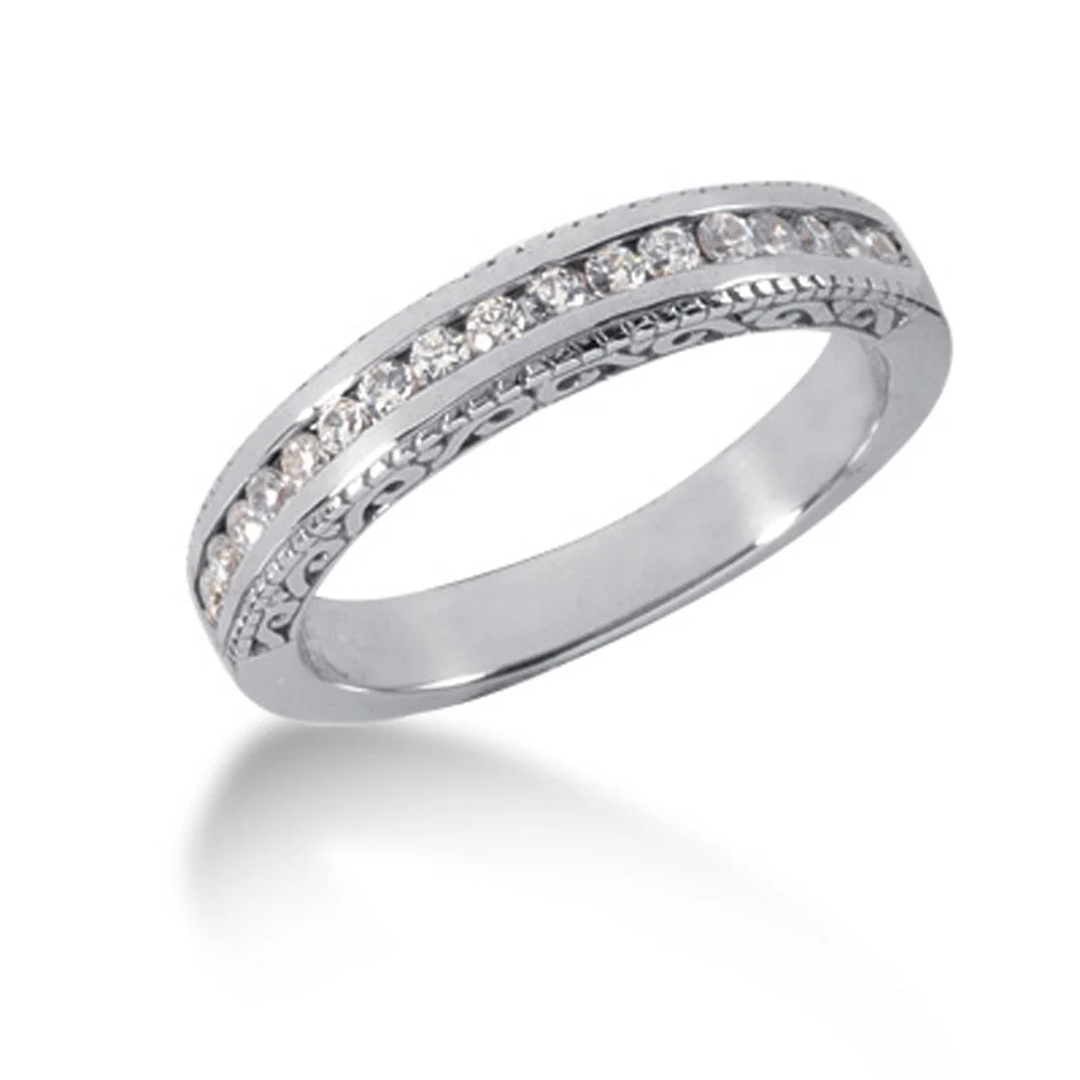 14k White Gold Vintage Style Engraved Diamond Channel Set Wedding Ring Band - Image 2