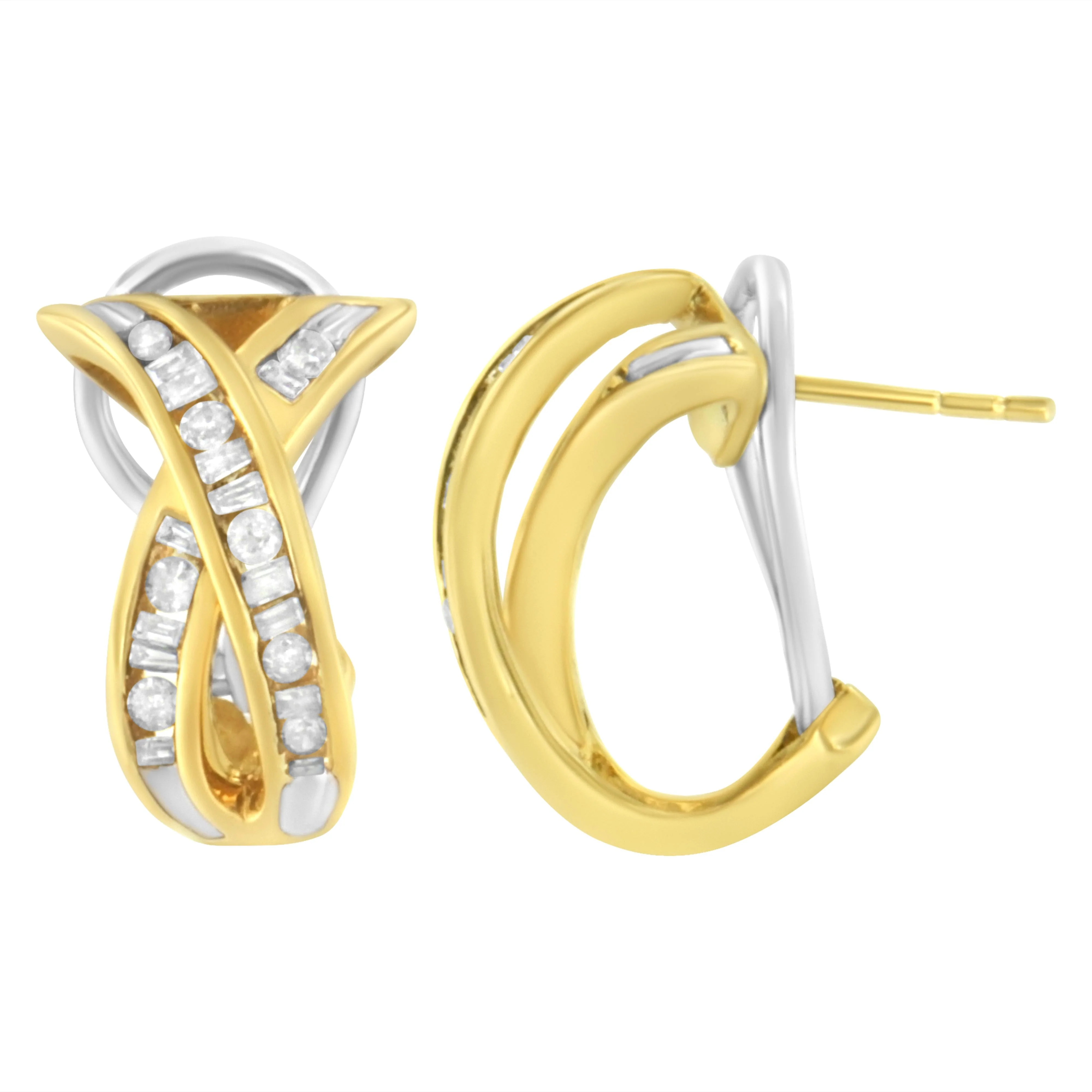 14K Yellow and White Gold 1/2 TDW "X" Shape Cross Over Diamond Hoop Earrings (I-J, I2-I3) - Image 2