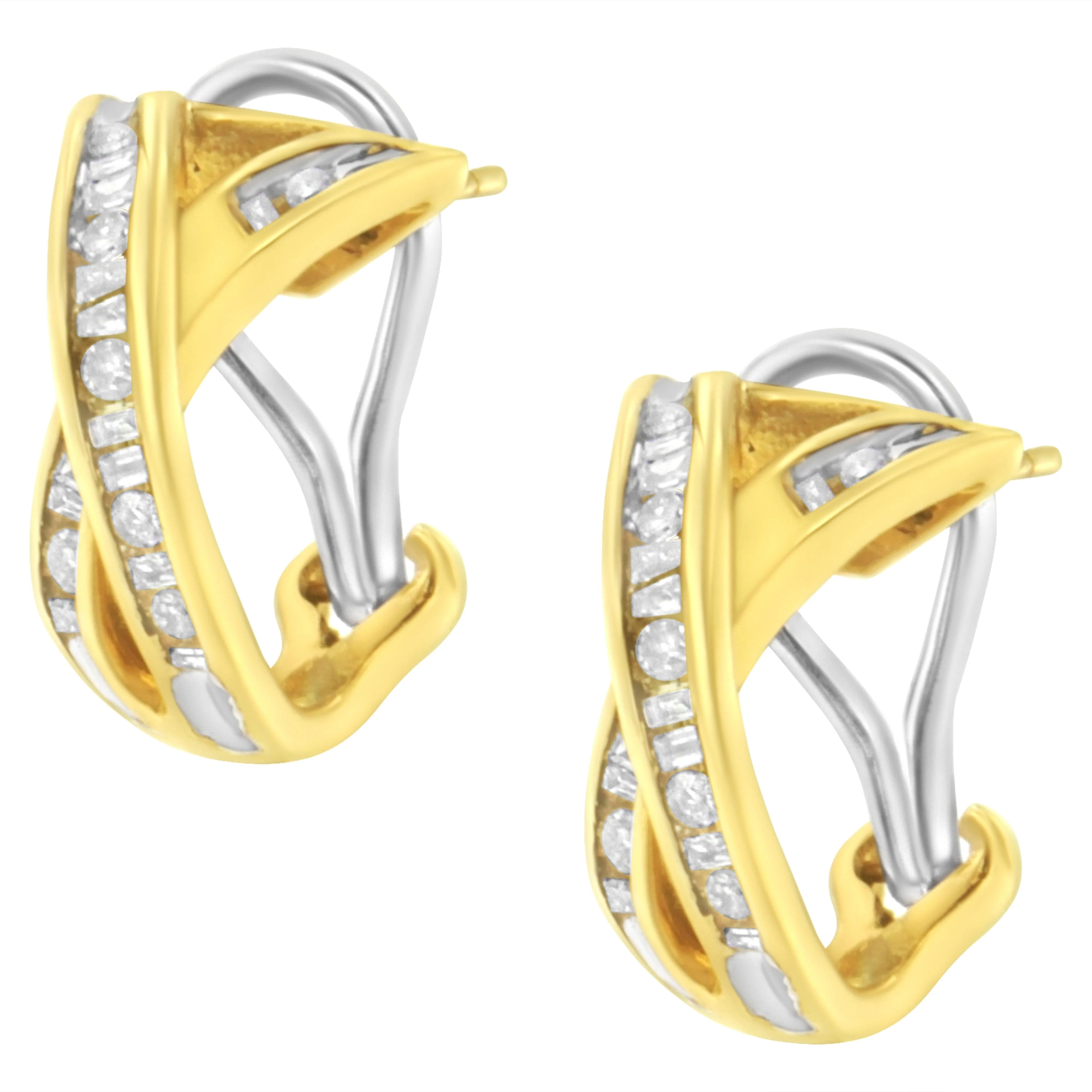 14K Yellow and White Gold 1/2 TDW "X" Shape Cross Over Diamond Hoop Earrings (I-J, I2-I3) - Image 4