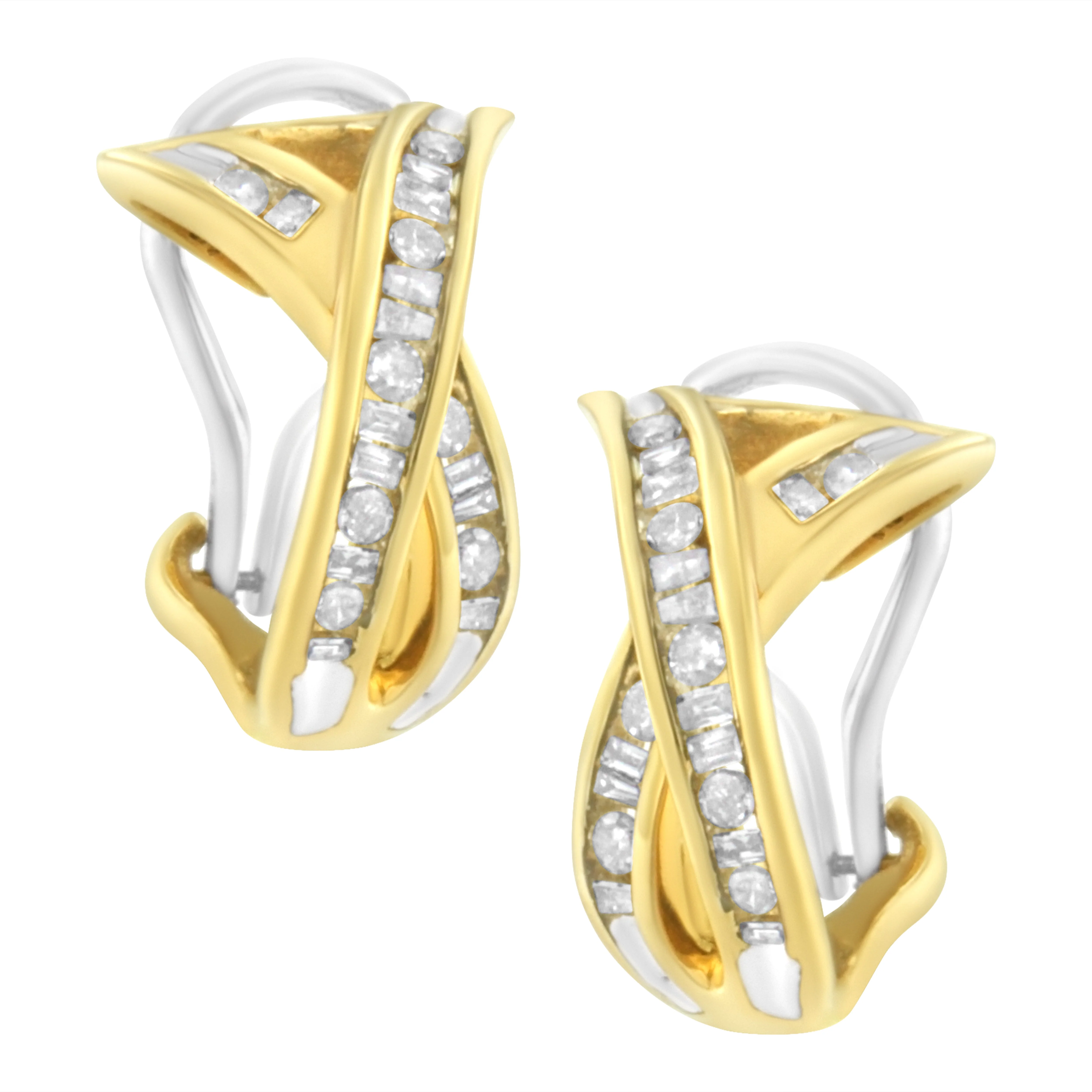 14K Yellow and White Gold 1/2 TDW "X" Shape Cross Over Diamond Hoop Earrings (I-J, I2-I3) - Image 5