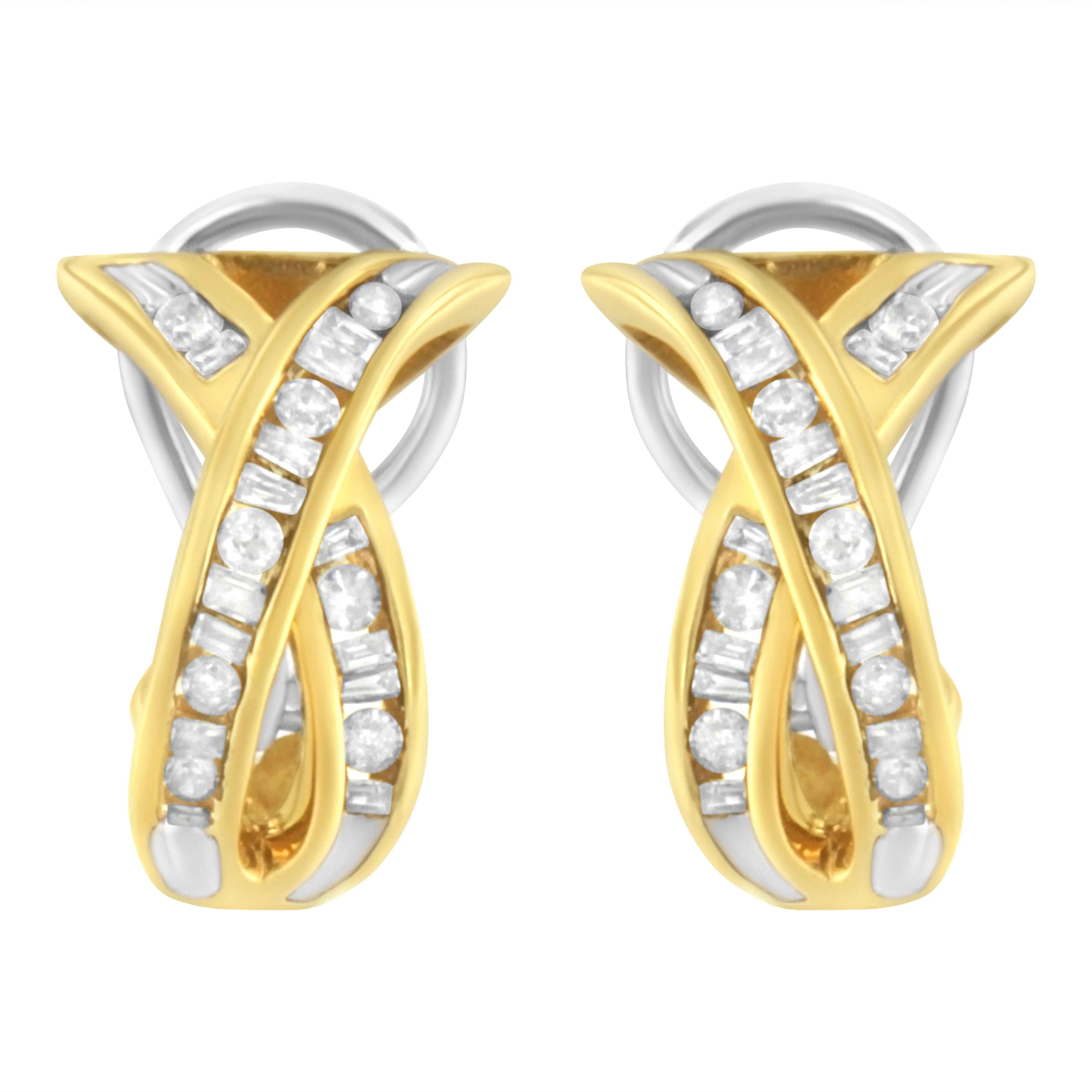 14K Yellow and White Gold 1/2 TDW "X" Shape Cross Over Diamond Hoop Earrings (I-J, I2-I3) - Image 7