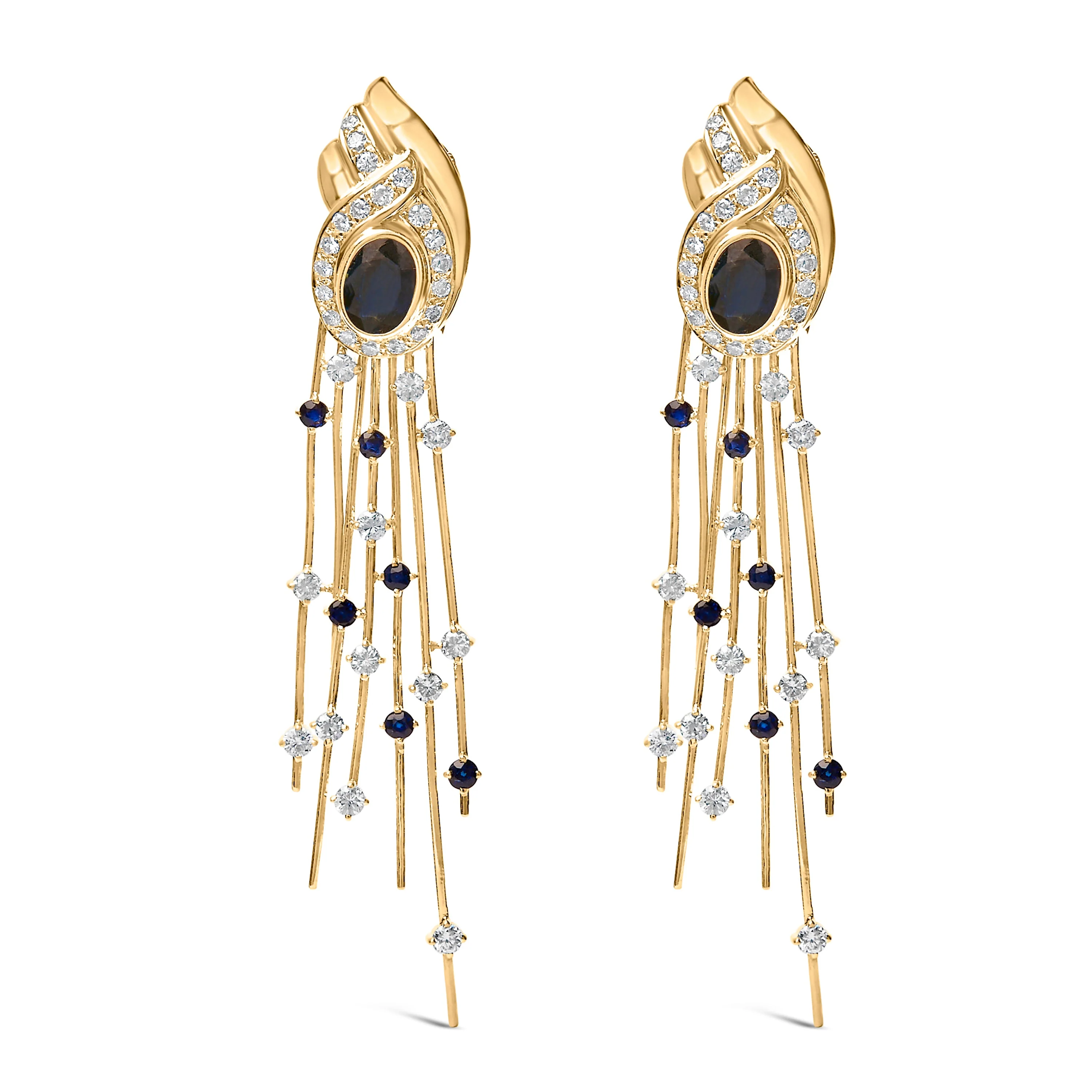 14K Yellow Gold 1.0 Cttw Diamond and Blue Sapphire Chandelier Earrings