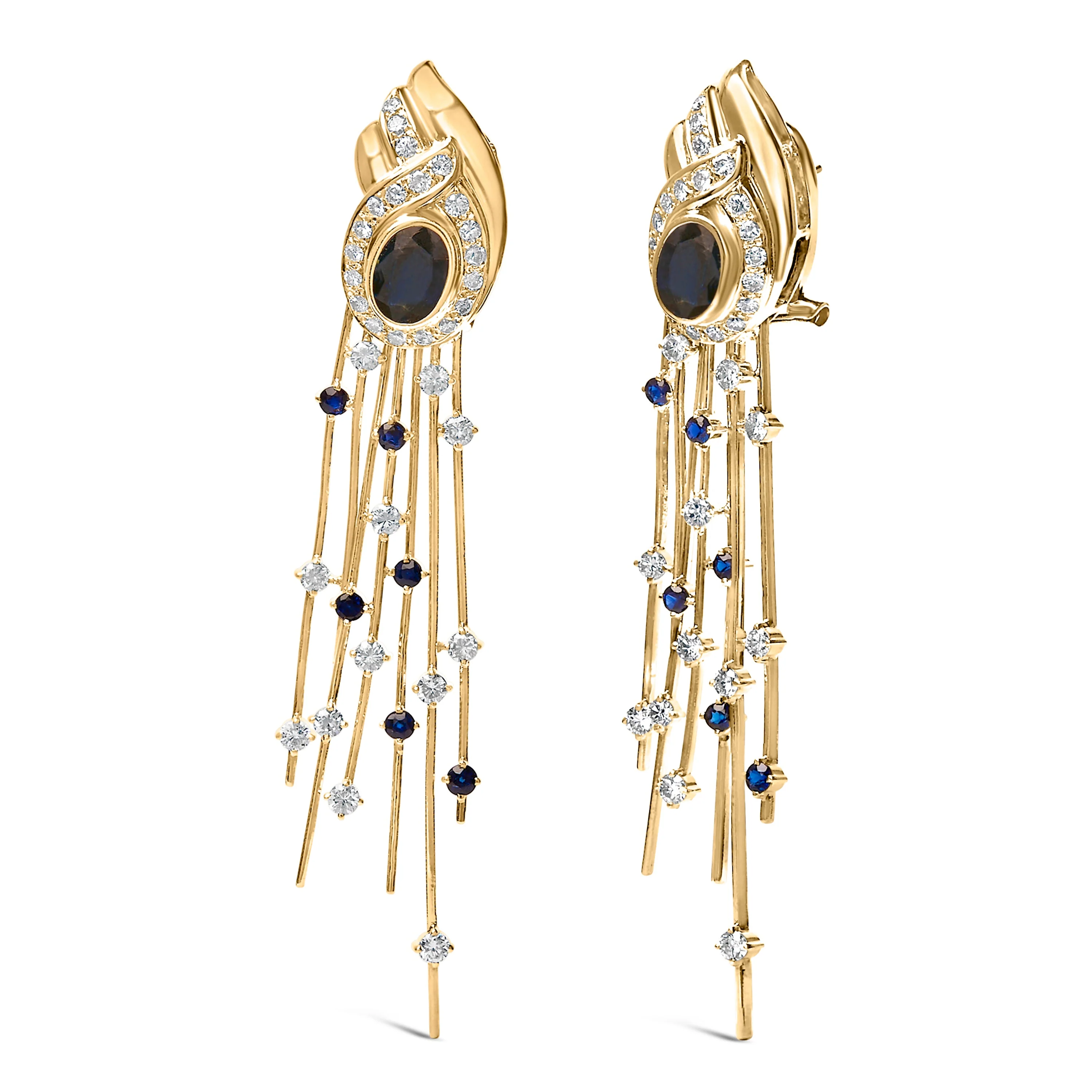 14K Yellow Gold 1.0 Cttw Diamond and Blue Sapphire Chandelier Earrings - Image 2
