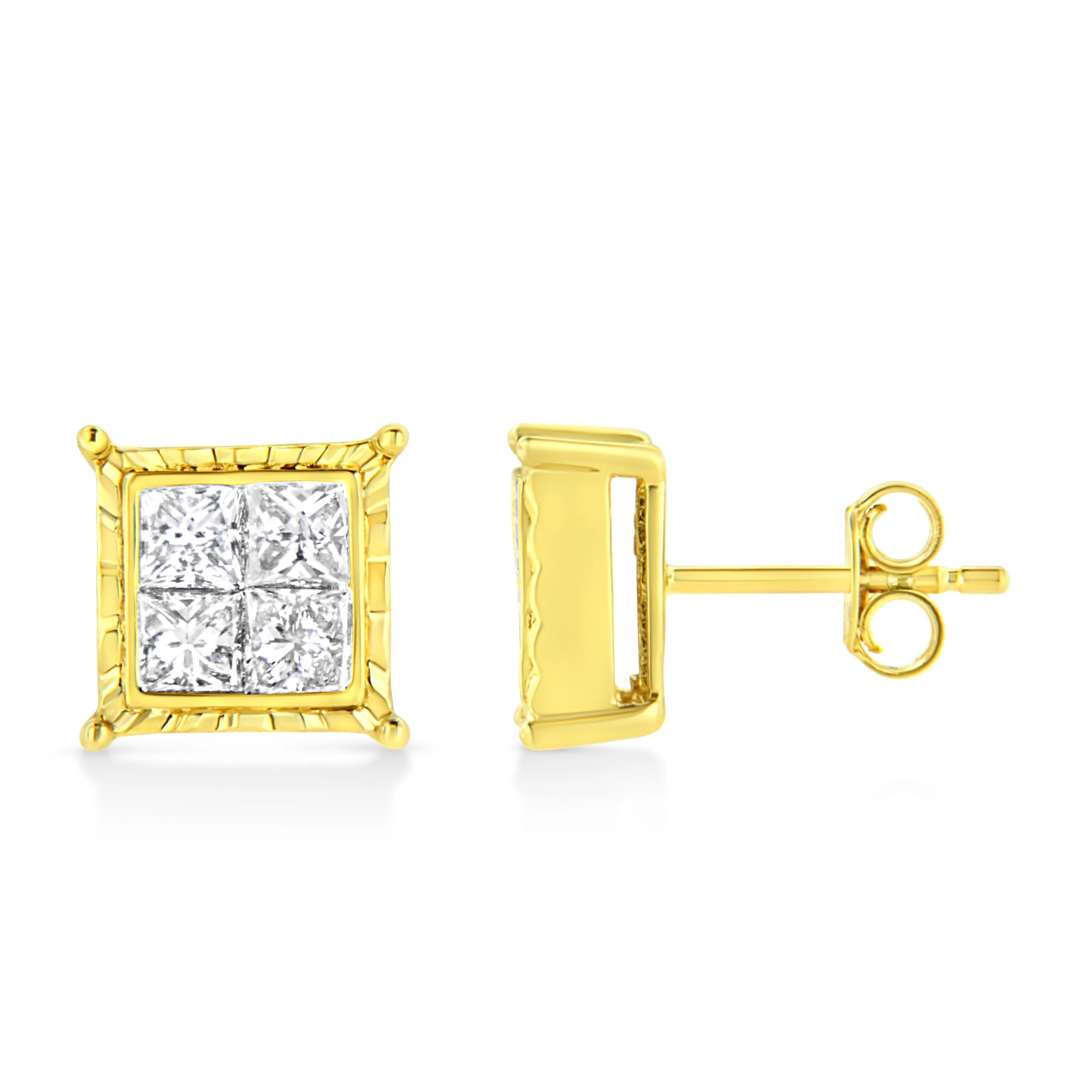 14K Yellow Gold 1 Cttw Princess Cut Diamond Square Stud Earrings - Image 4