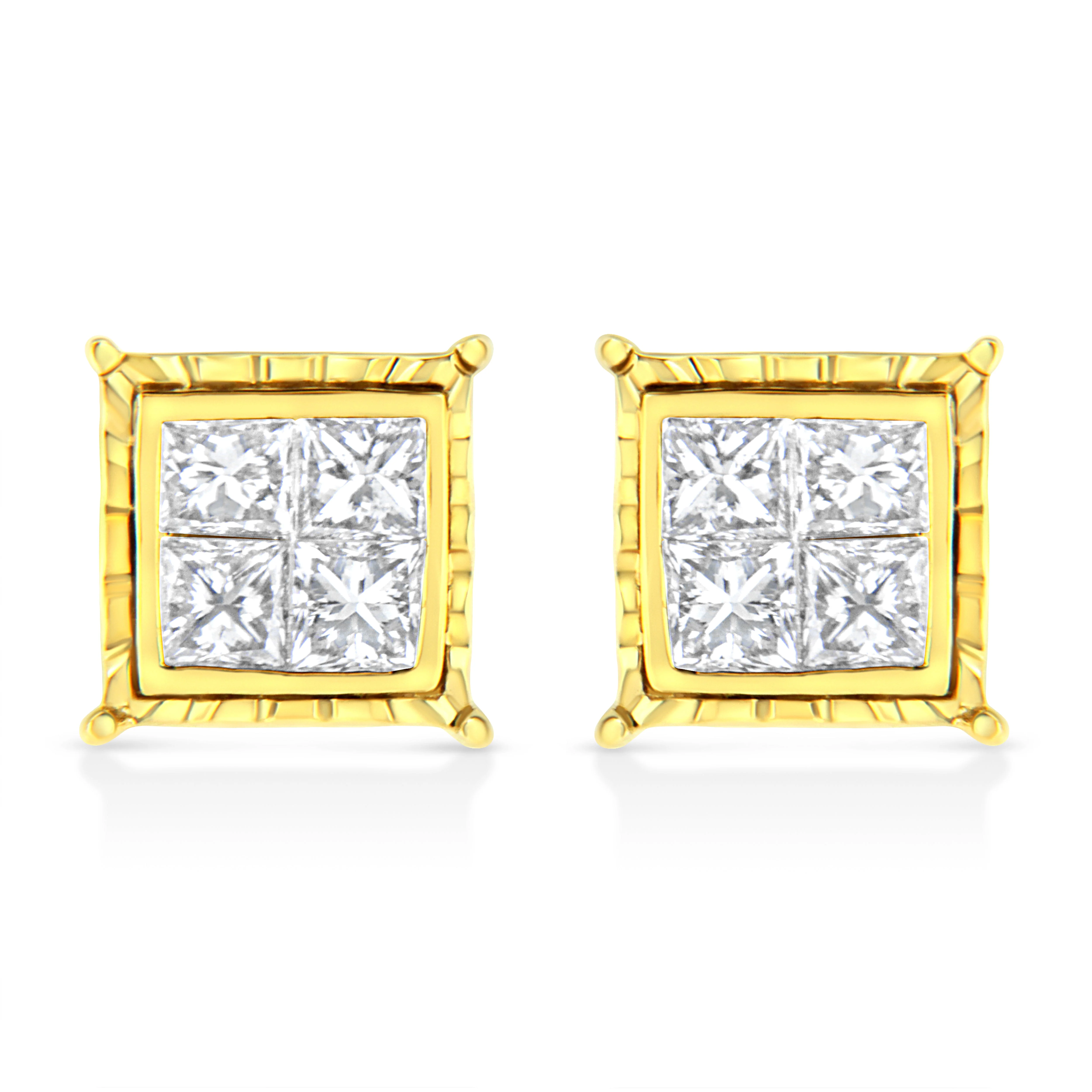 14K Yellow Gold 1 Cttw Princess Cut Diamond Square Stud Earrings - Image 7