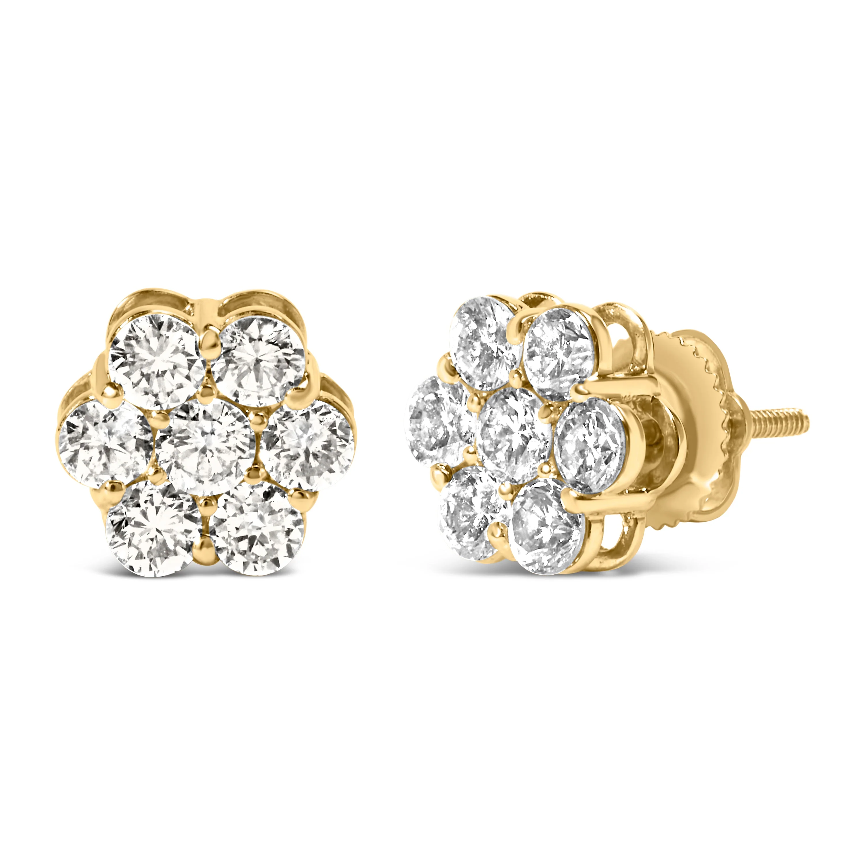14K Yellow Gold 1 1/2 Cttw 7 Stone Floral Cluster Round Brilliant Cut Diamond Stud Earrings with Screw Backs (I-J Color, SI1-SI2 Clarity) - Image 6