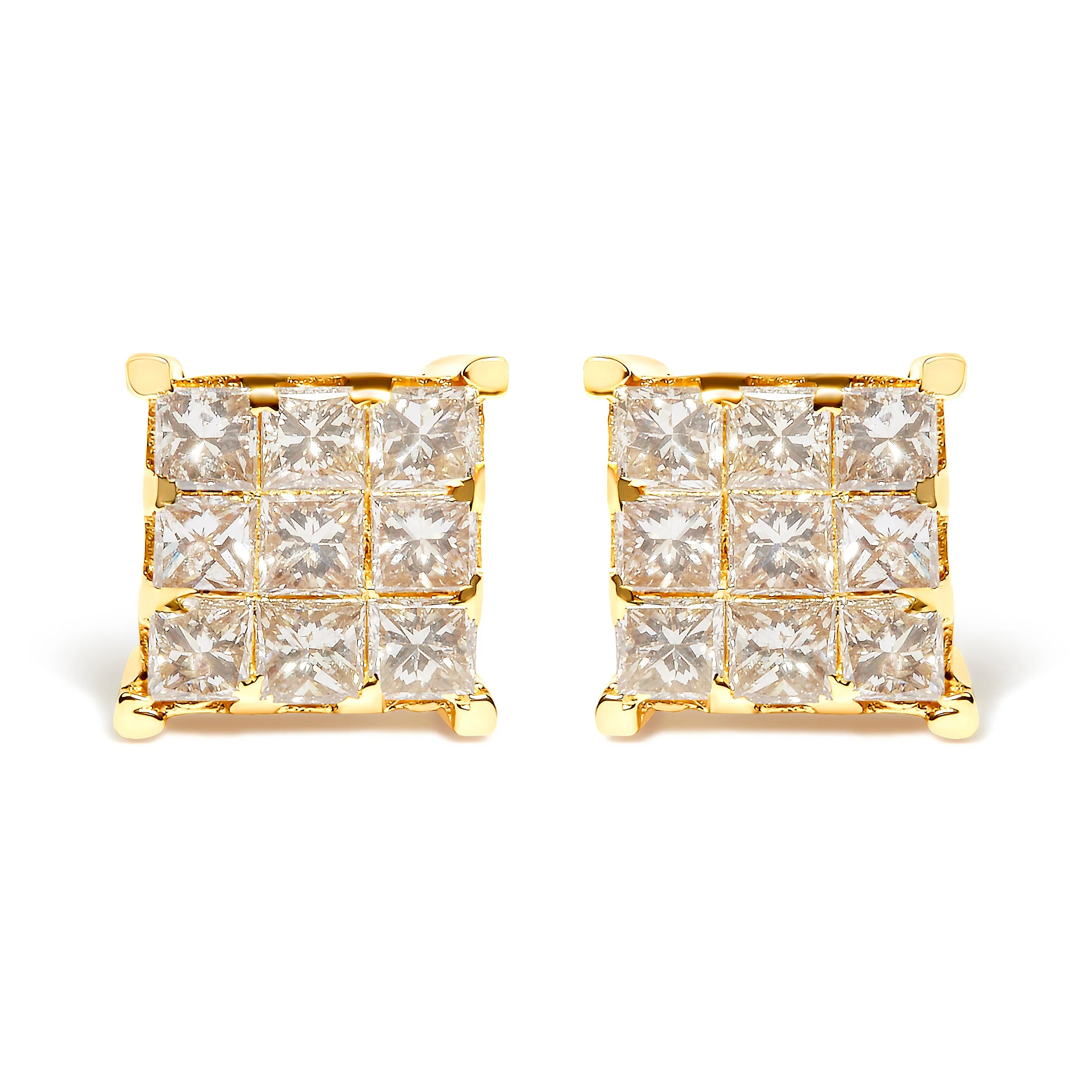 14K Yellow Gold 1 1/2 Cttw Invisible Set Princess-Cut Diamond 9 Stone Square Stud Earrings (J-K Color, SI2-I1 Clarity)
