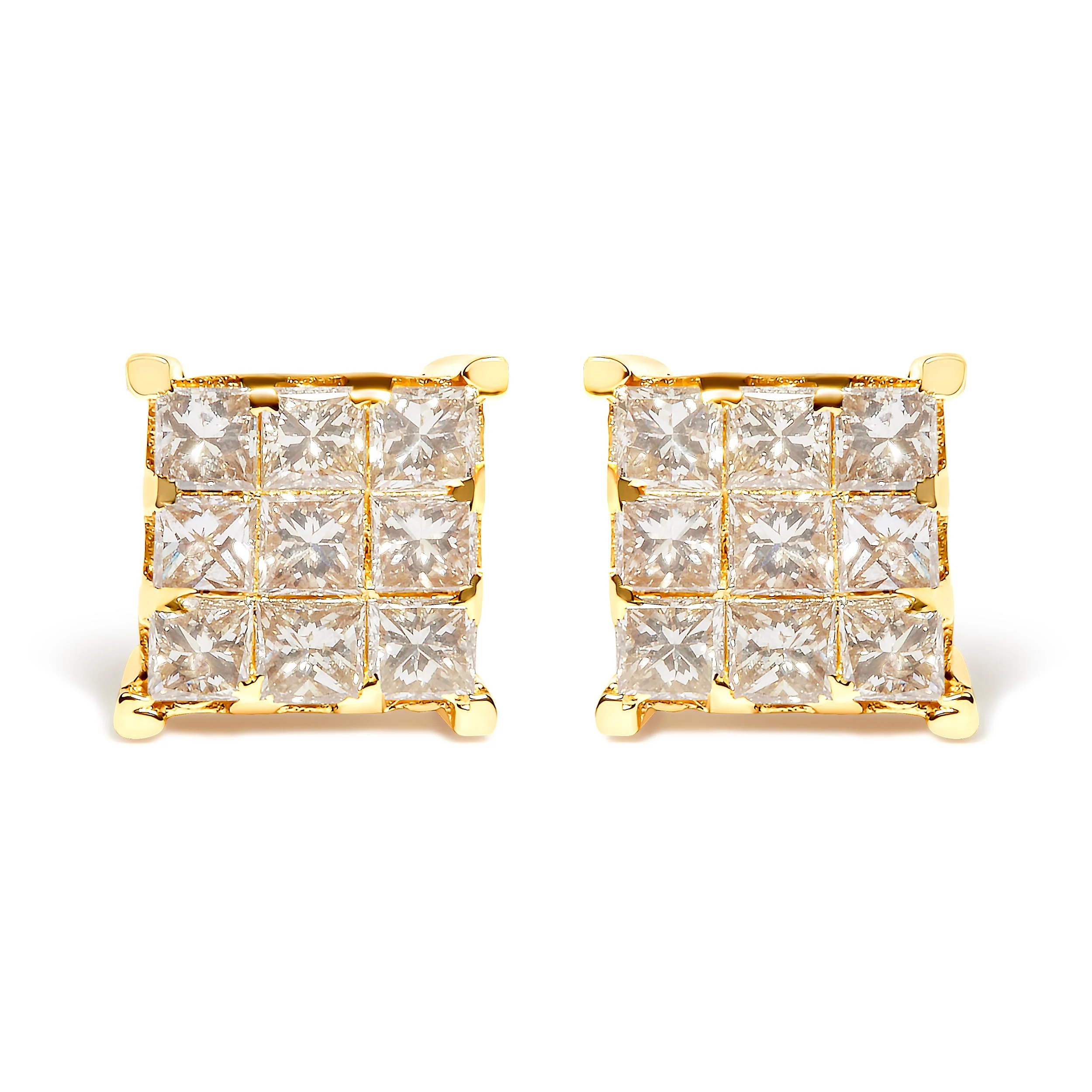 14K Yellow Gold 1 1/2 Cttw Invisible Set Princess-Cut Diamond 9 Stone Square Stud Earrings (J-K Color, SI2-I1 Clarity) - Image 4