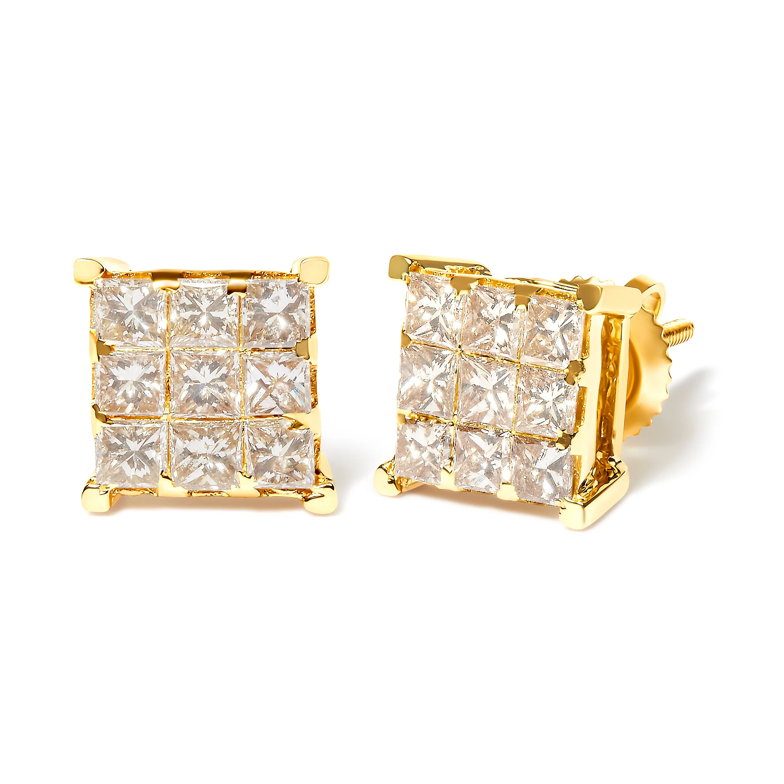 14K Yellow Gold 1 1/2 Cttw Invisible Set Princess-Cut Diamond 9 Stone Square Stud Earrings (J-K Color, SI2-I1 Clarity) - Image 5