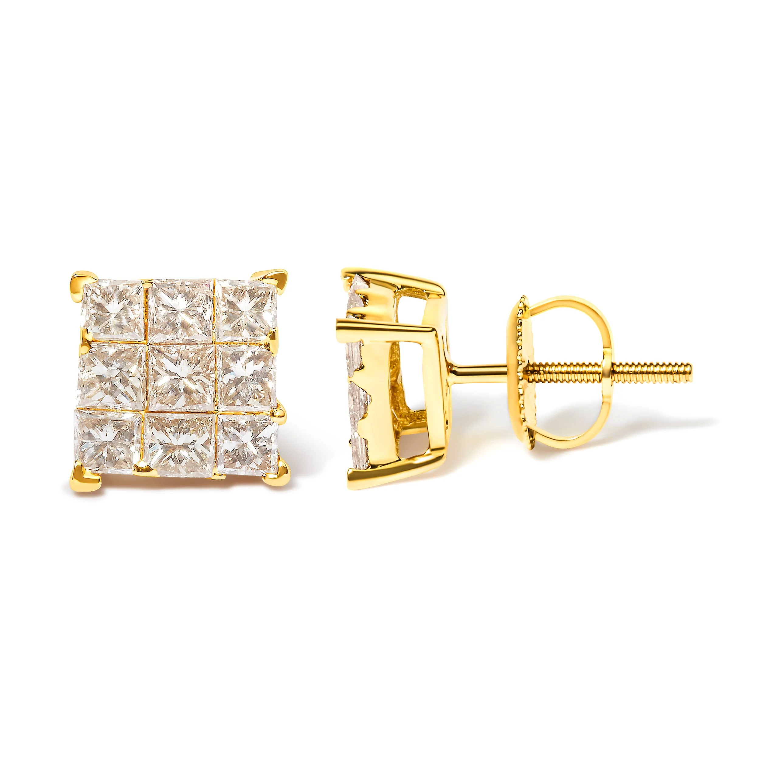 14K Yellow Gold 1 1/2 Cttw Invisible Set Princess-Cut Diamond 9 Stone Square Stud Earrings (J-K Color, SI2-I1 Clarity) - Image 6