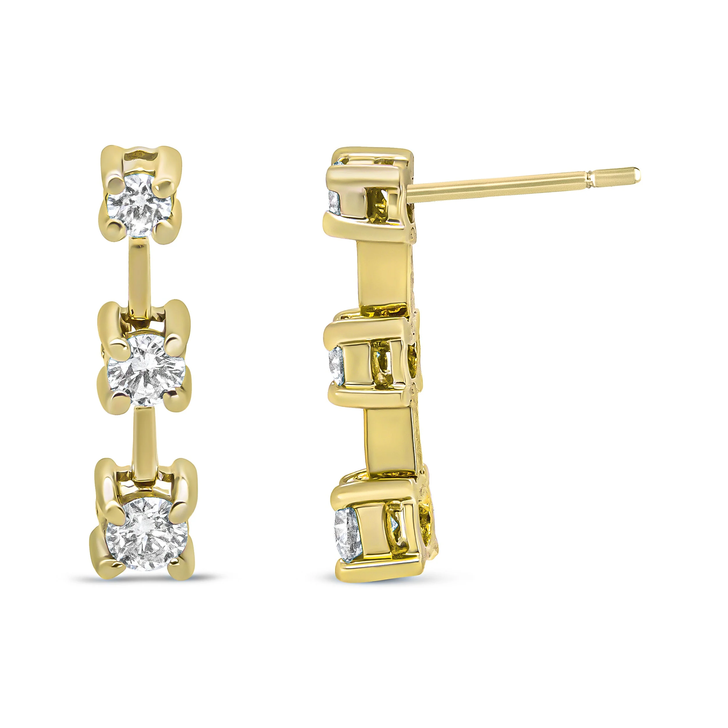 14K Yellow Gold 1/2 Cttw Round Diamond 3 Stone Graduated Linear Drop Past, Present and Future Stud Earrings (H-I Color, SI1-SI2 Clarity) - Image 4