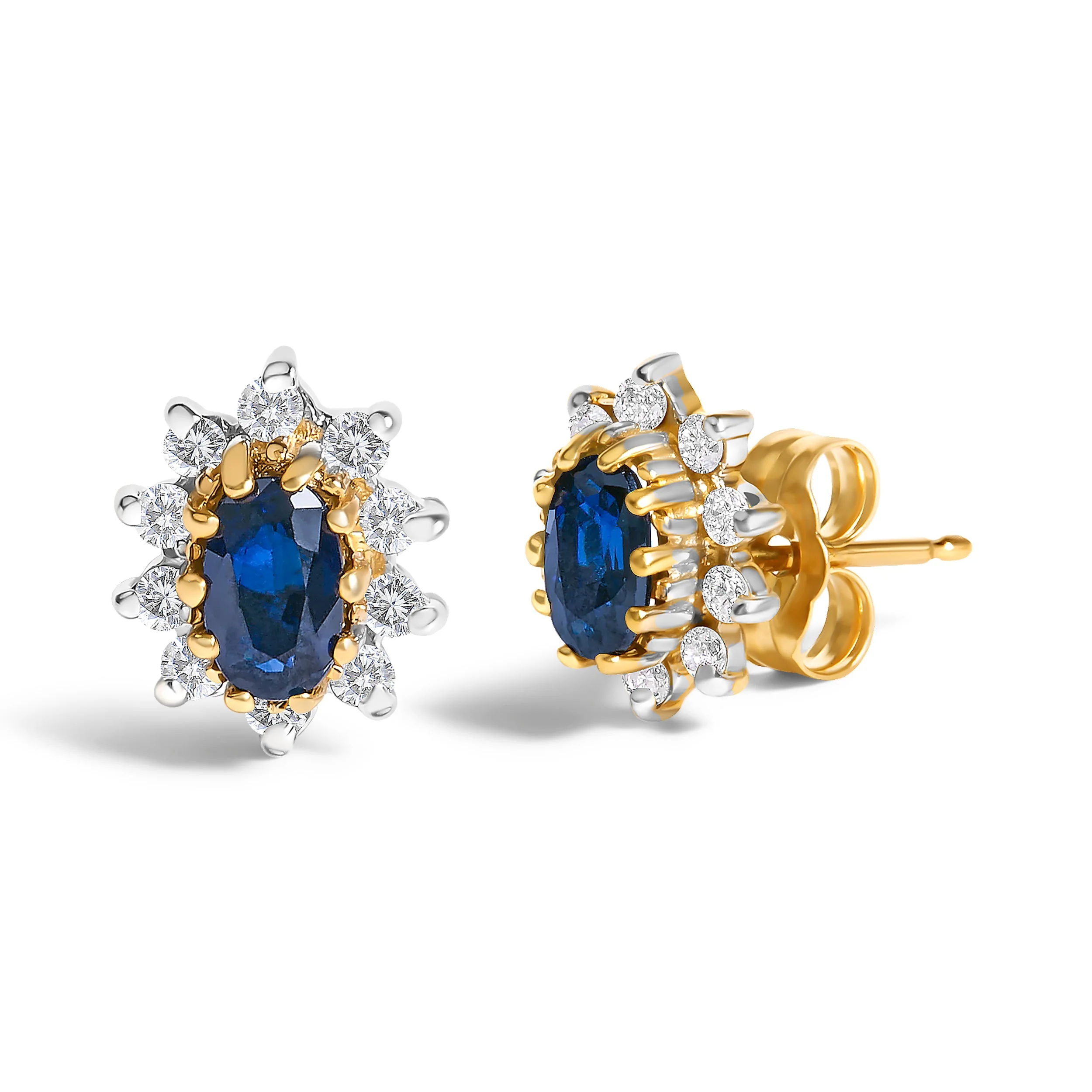14K Yellow Gold 1/4 Cttw Diamond and Blue Sapphire Sunburst Halo Stud Earrings (K-L Color, I1-I2 Clarity) - Image 2