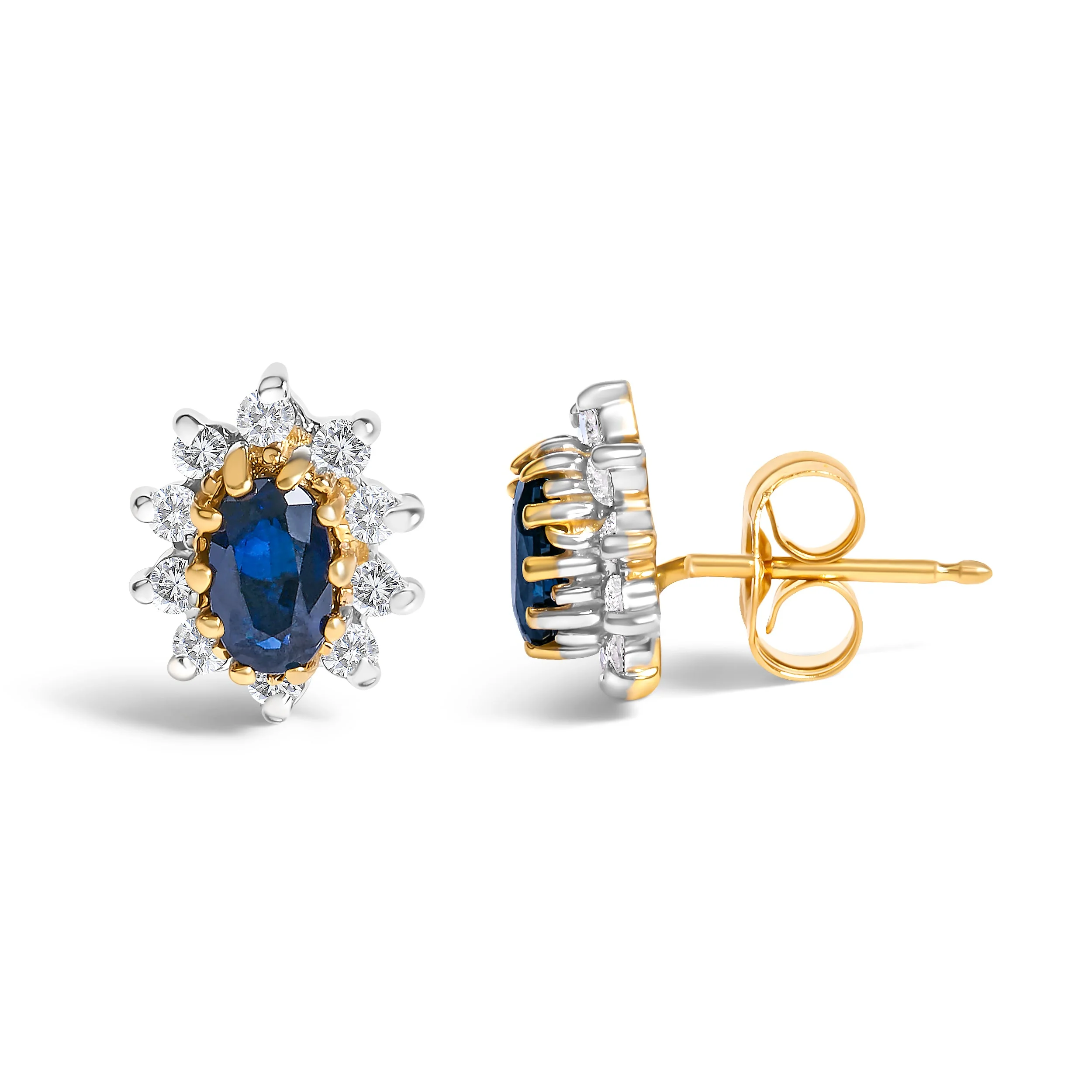 14K Yellow Gold 1/4 Cttw Diamond and Blue Sapphire Sunburst Halo Stud Earrings (K-L Color, I1-I2 Clarity) - Image 3