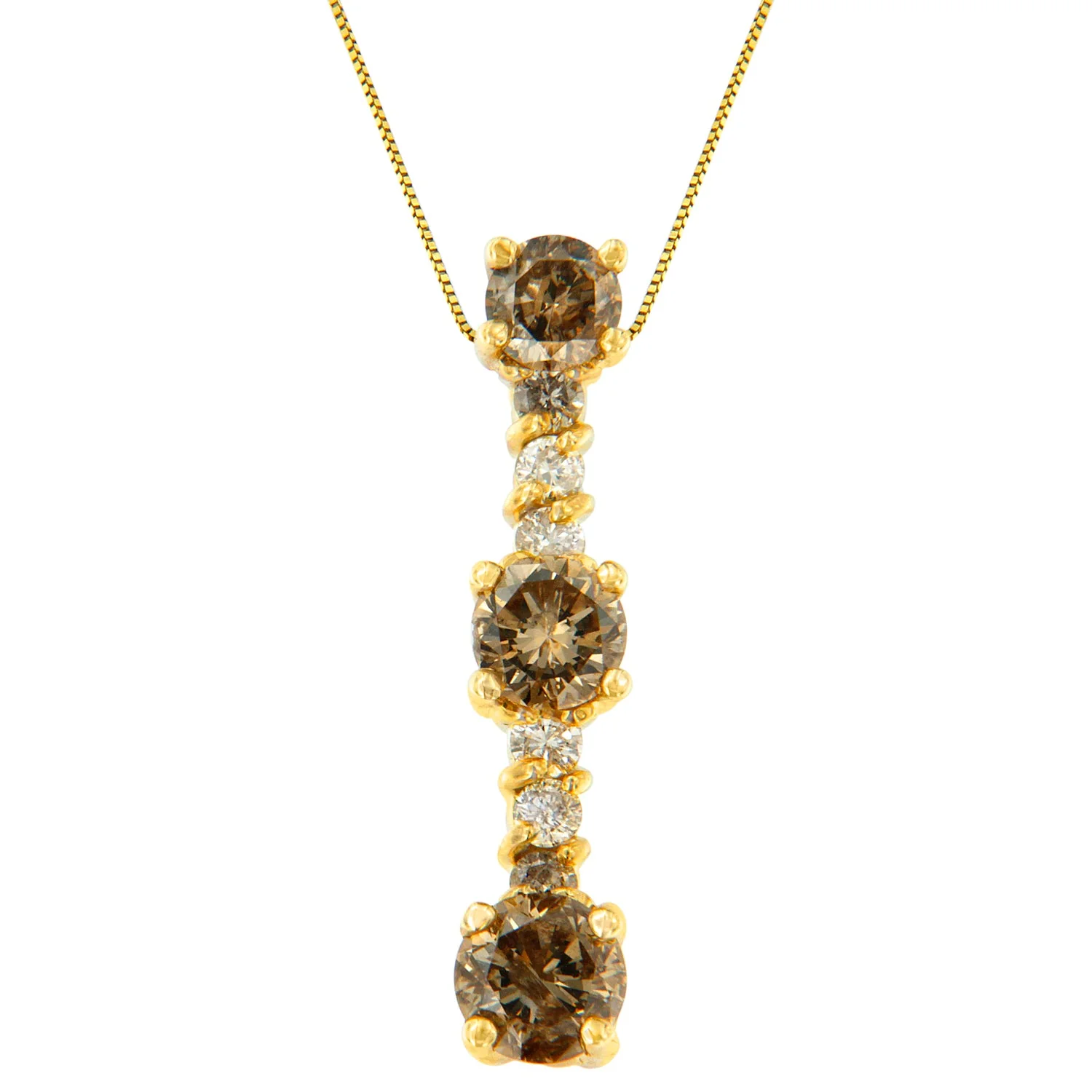 14K Yellow Gold 1 cttw White and Champagne Round Cut Diamond Drop Pendant Necklace (I-J, I1-I2) - Image 2