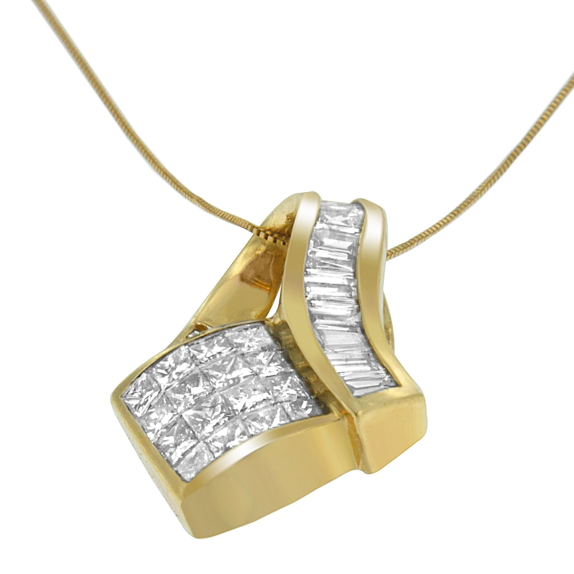 14k Yellow Gold 2.0 Cttw Princess and Baguette-cut Diamond Art Deco Inspired Pendant Necklace (G-H Color, VS1-VS2 Clarity) - 18 Inch