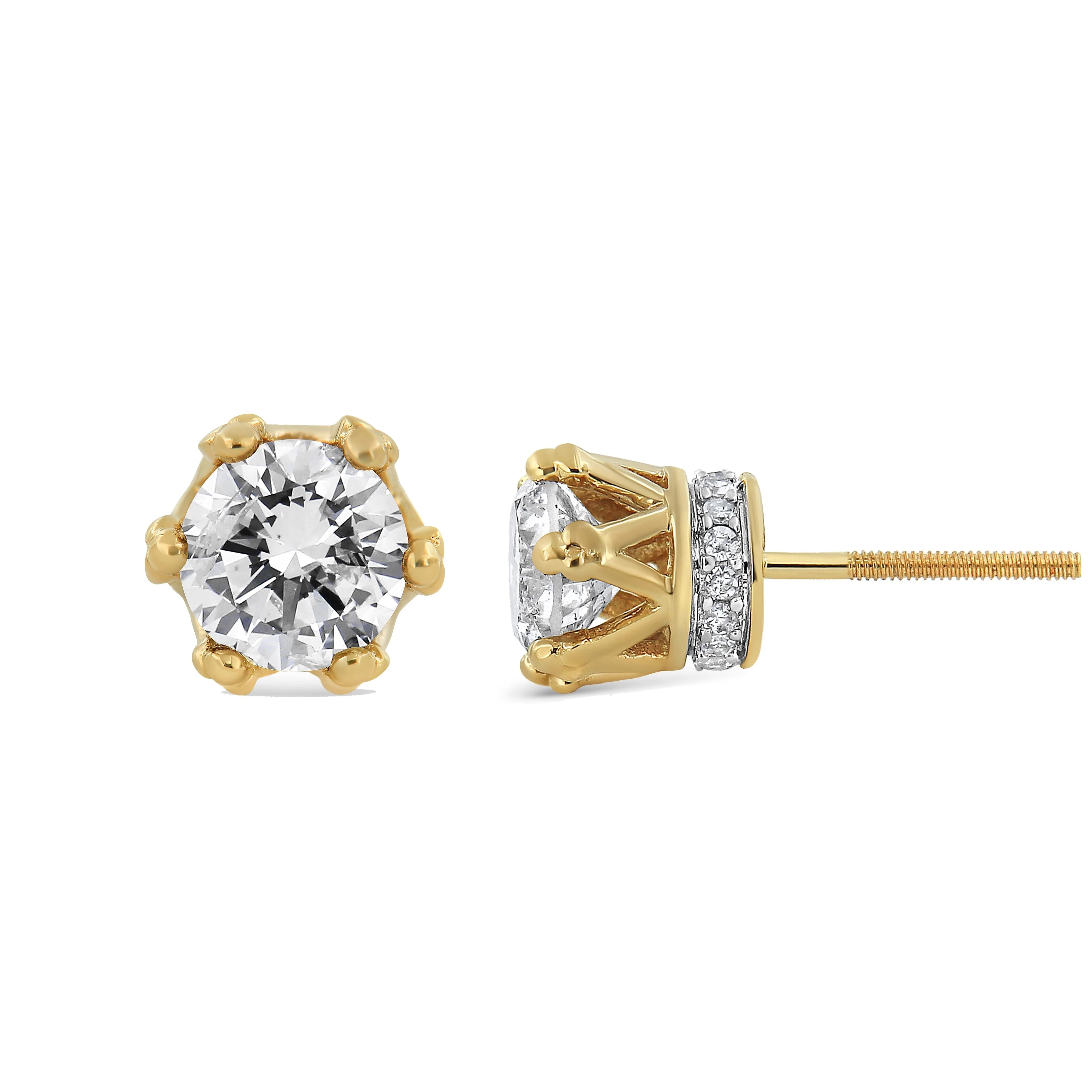 14K Yellow Gold 2.0 Cttw Round Diamond Crown Stud Earrings (I-J Color, I1-I2 Clarity) - Image 3