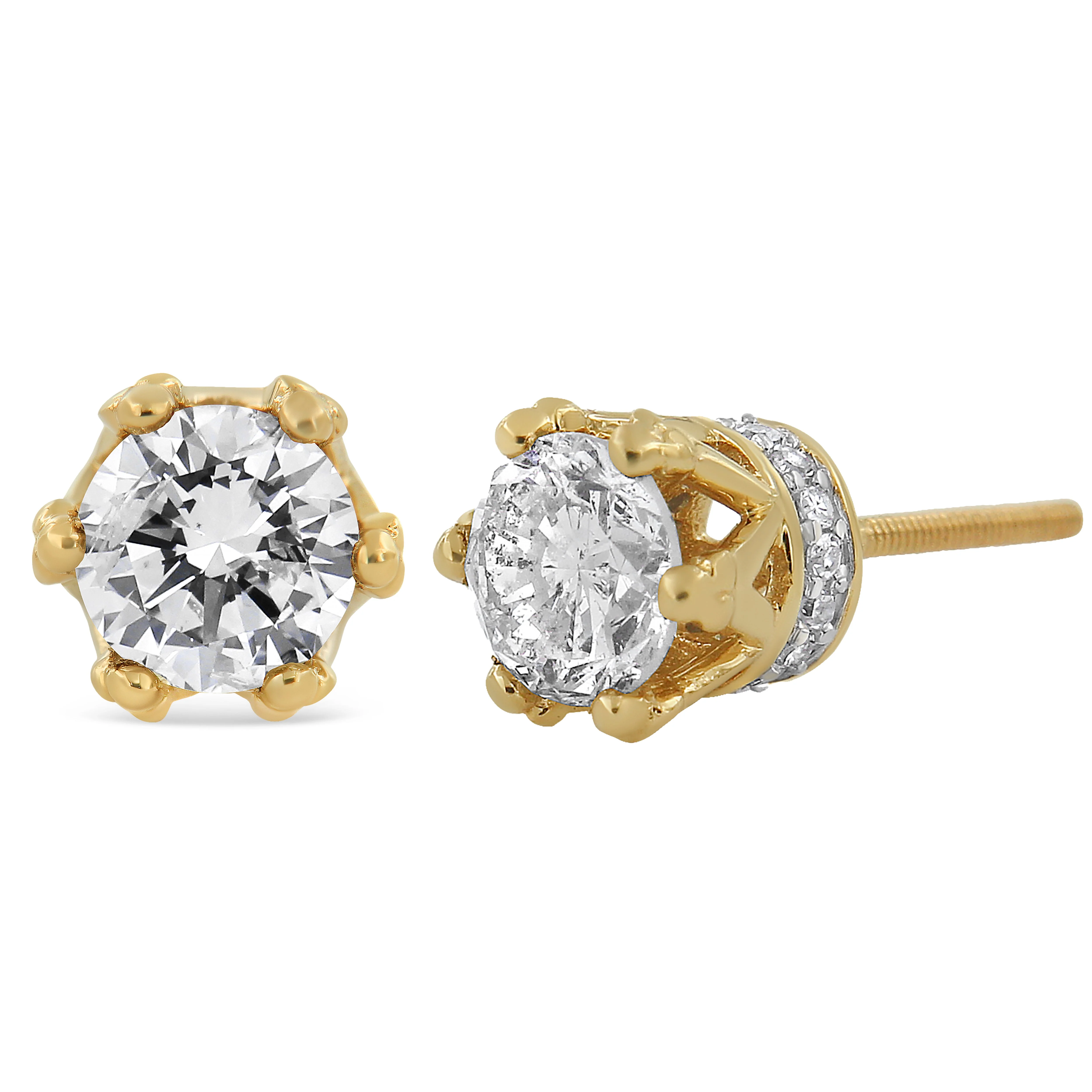 14K Yellow Gold 2.0 Cttw Round Diamond Crown Stud Earrings (I-J Color, I1-I2 Clarity) - Image 5