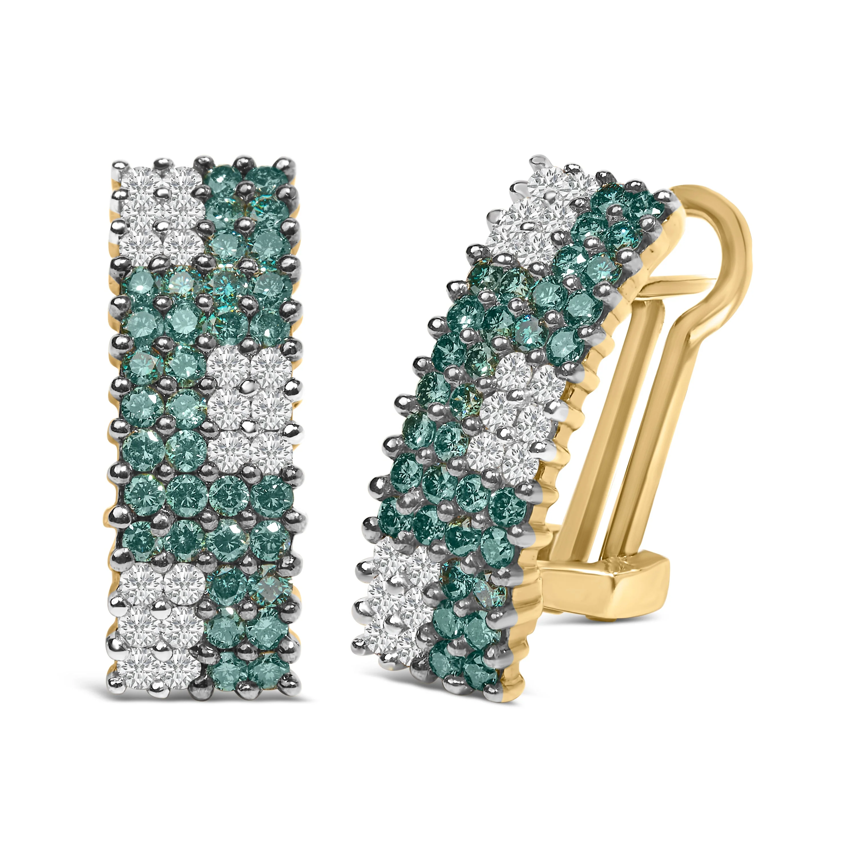14K Yellow Gold 2.00 Cttw White and Treated Blue Diamond Four-Row Pavé Omegaback Earrings (H-I Color, SI1-SI2 Clarity) - Image 2