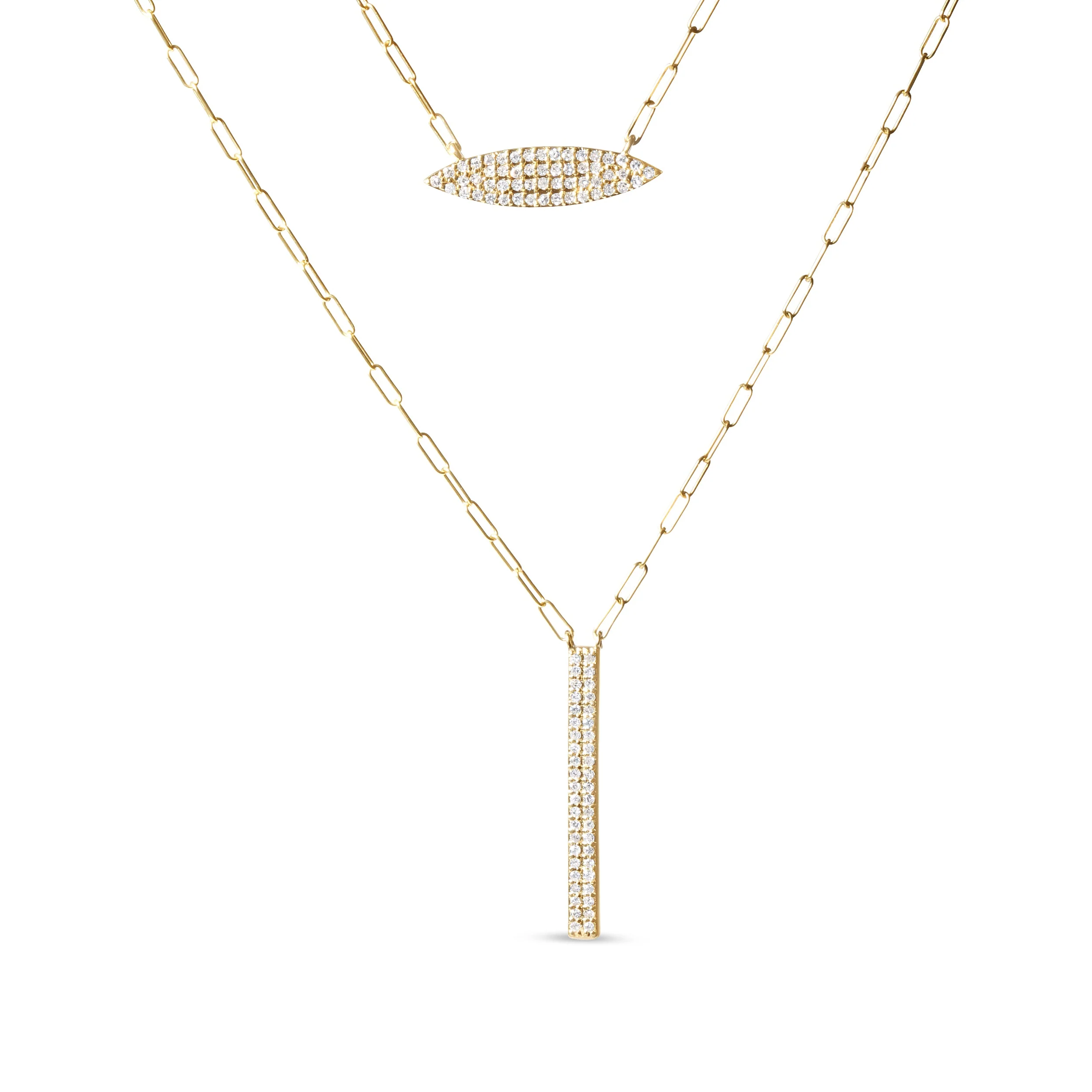 14K Yellow Gold 3/8 Cttw Two-Strand Marquise and Bar Charm Paper Clip Link Pendant Necklace (I-J Color, I1-I2 Clarity) -18" and 20" Inch Lengths - Image 6