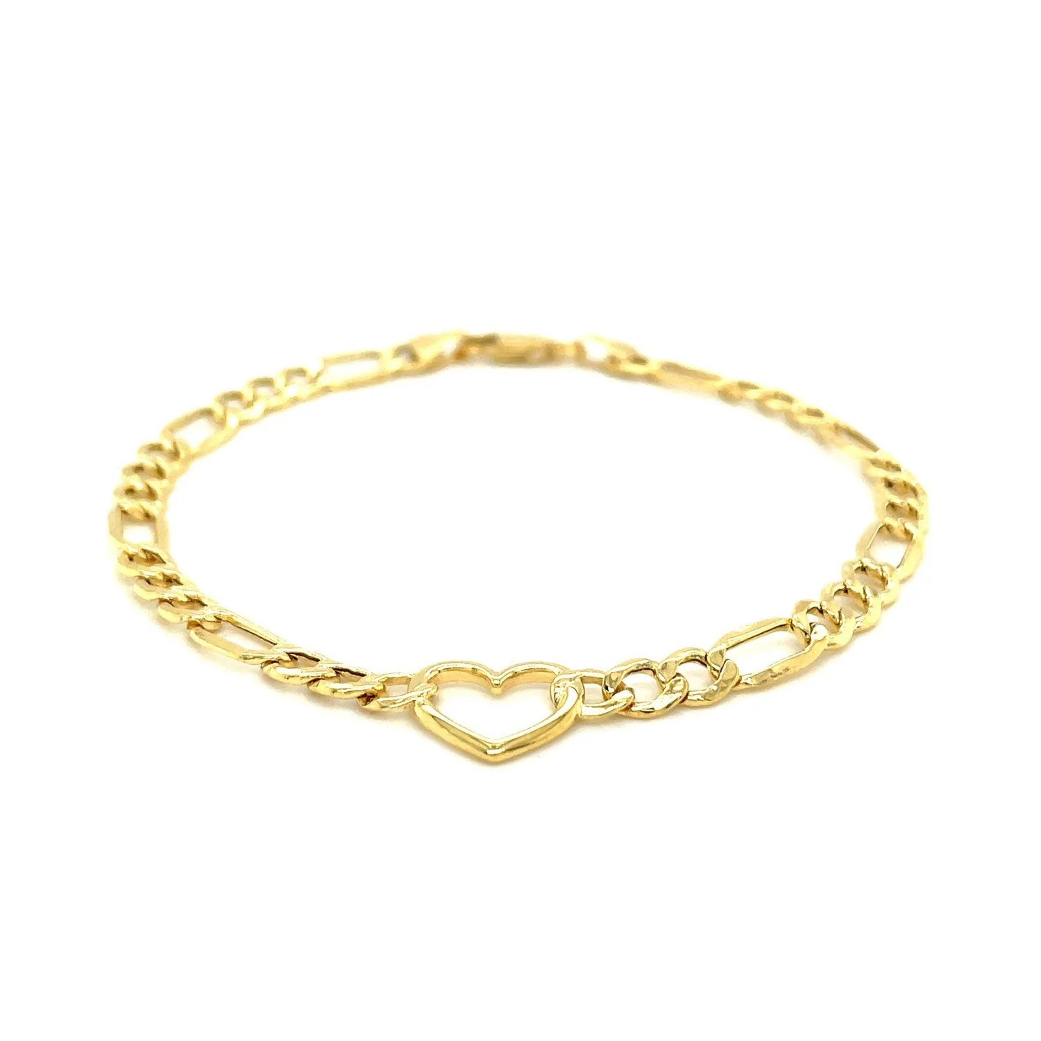 14k Yellow Gold 7 inch Figaro Chain Bracelet with Heart - Image 2