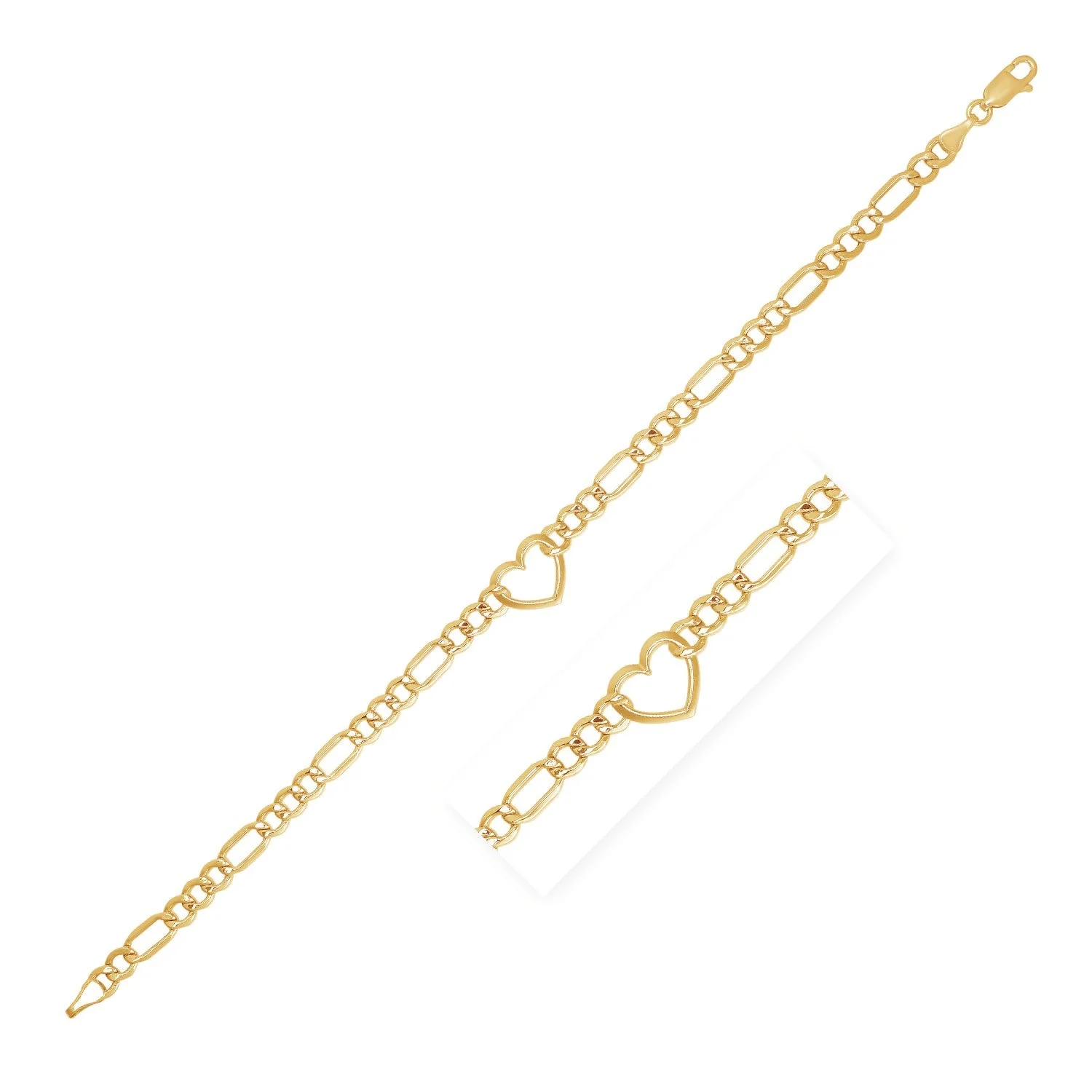 14k Yellow Gold 7 inch Figaro Chain Bracelet with Heart - Image 5