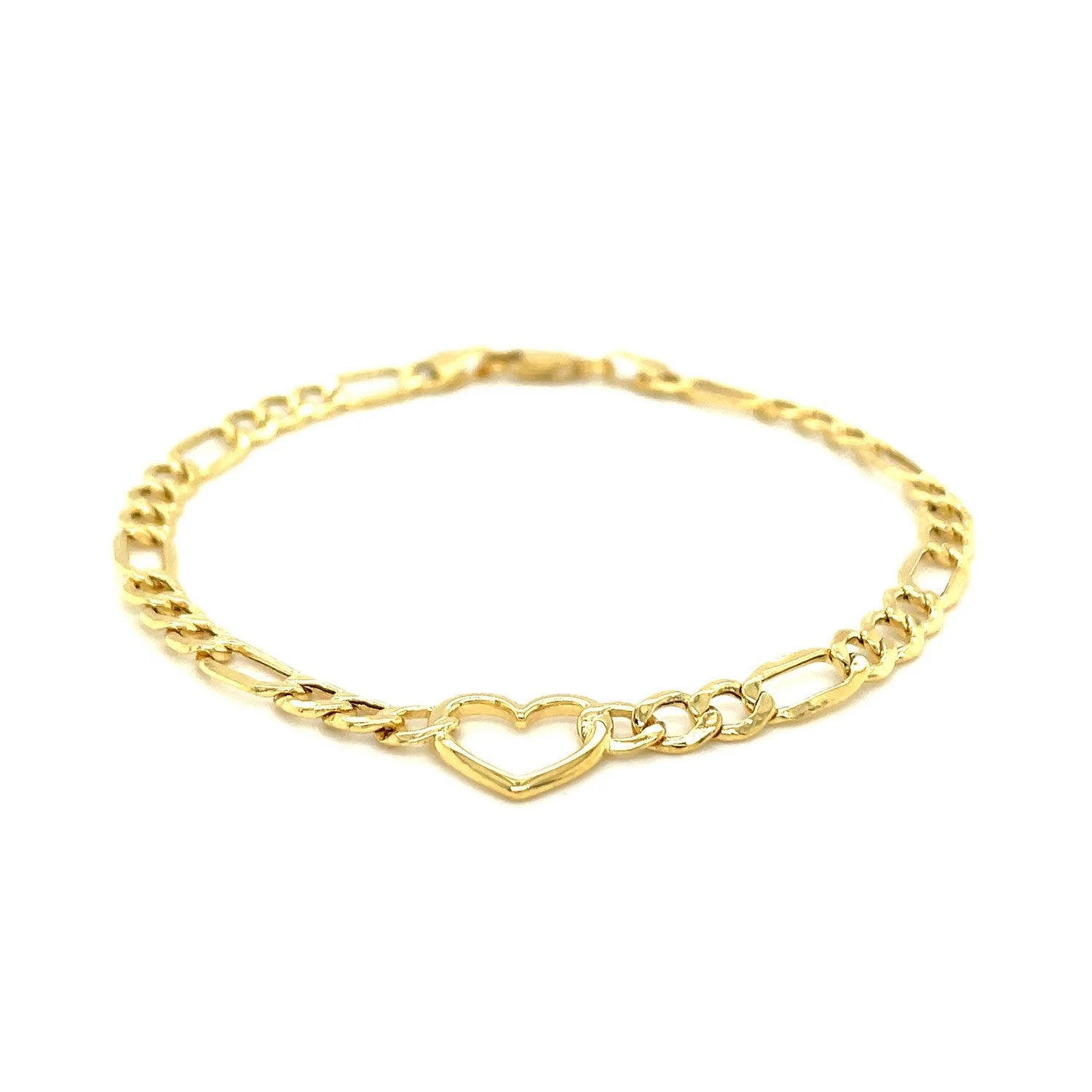 14k Yellow Gold 7 inch Figaro Chain Bracelet with Heart - Image 6