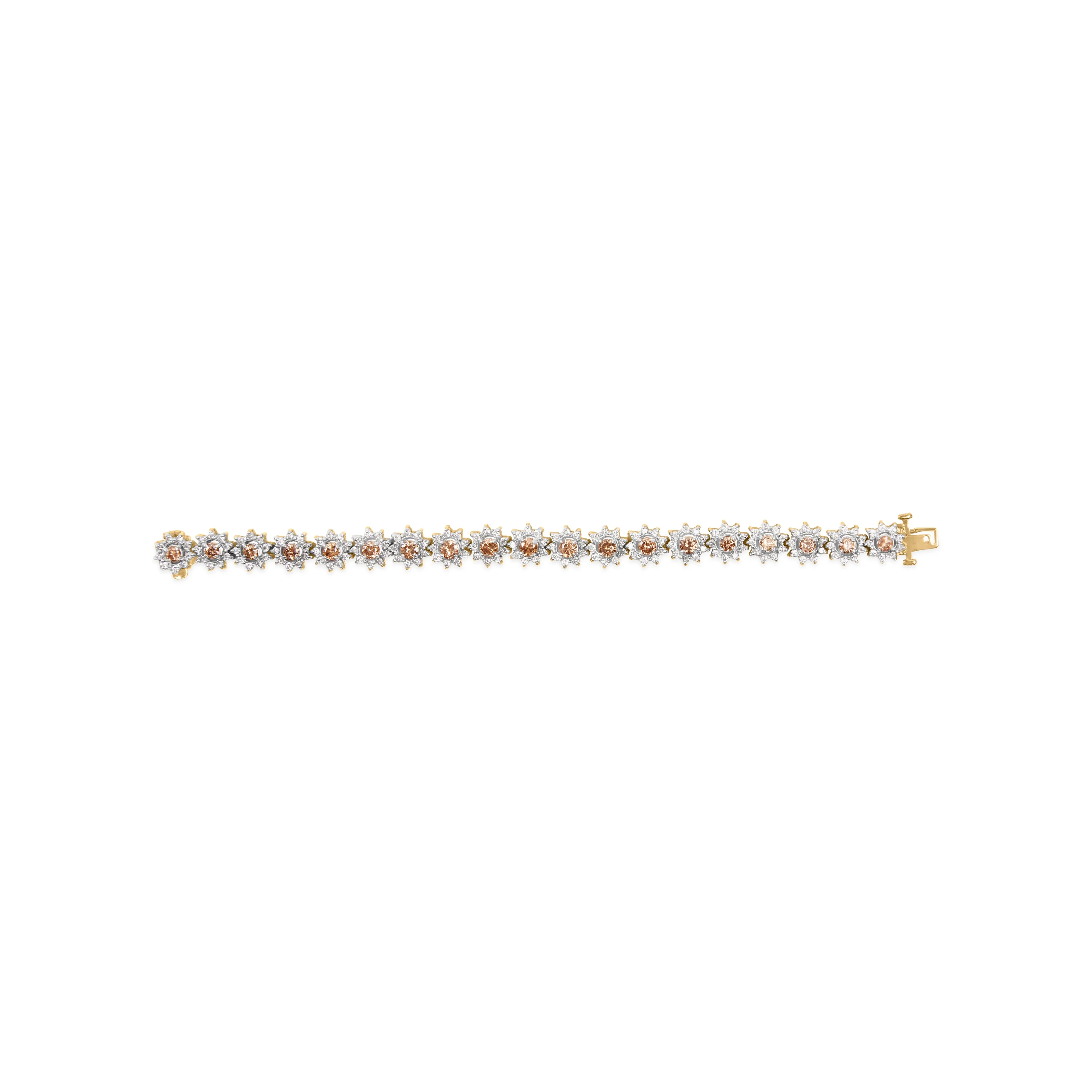 14K Yellow Gold 8.00 Cttw Champagne Diamond Floral Cluster Halo Link Bracelet (H-I Color, I1-I2 Clarity) - Image 4