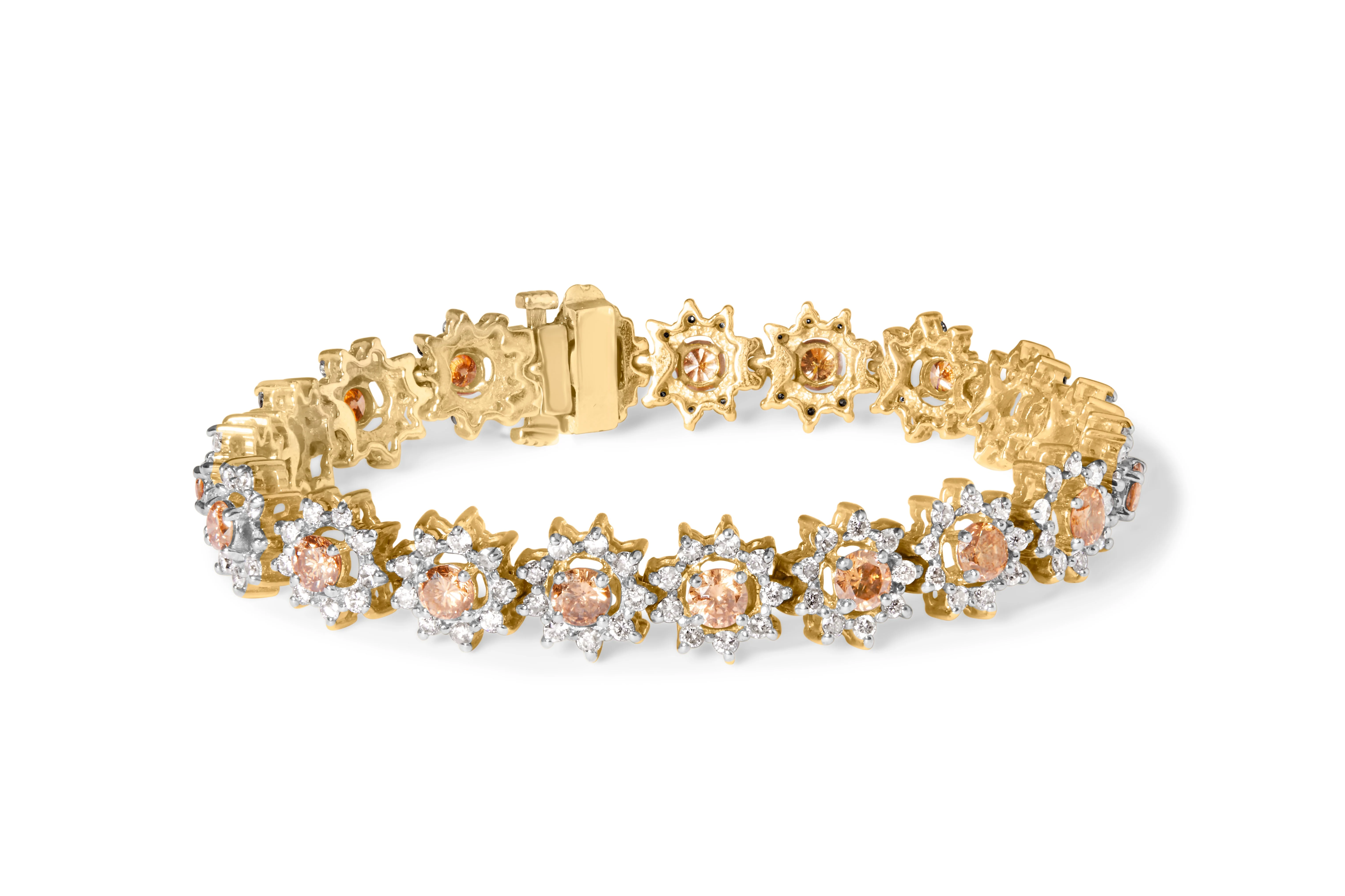 14K Yellow Gold 8.00 Cttw Champagne Diamond Floral Cluster Halo Link Bracelet (H-I Color, I1-I2 Clarity) - Image 5
