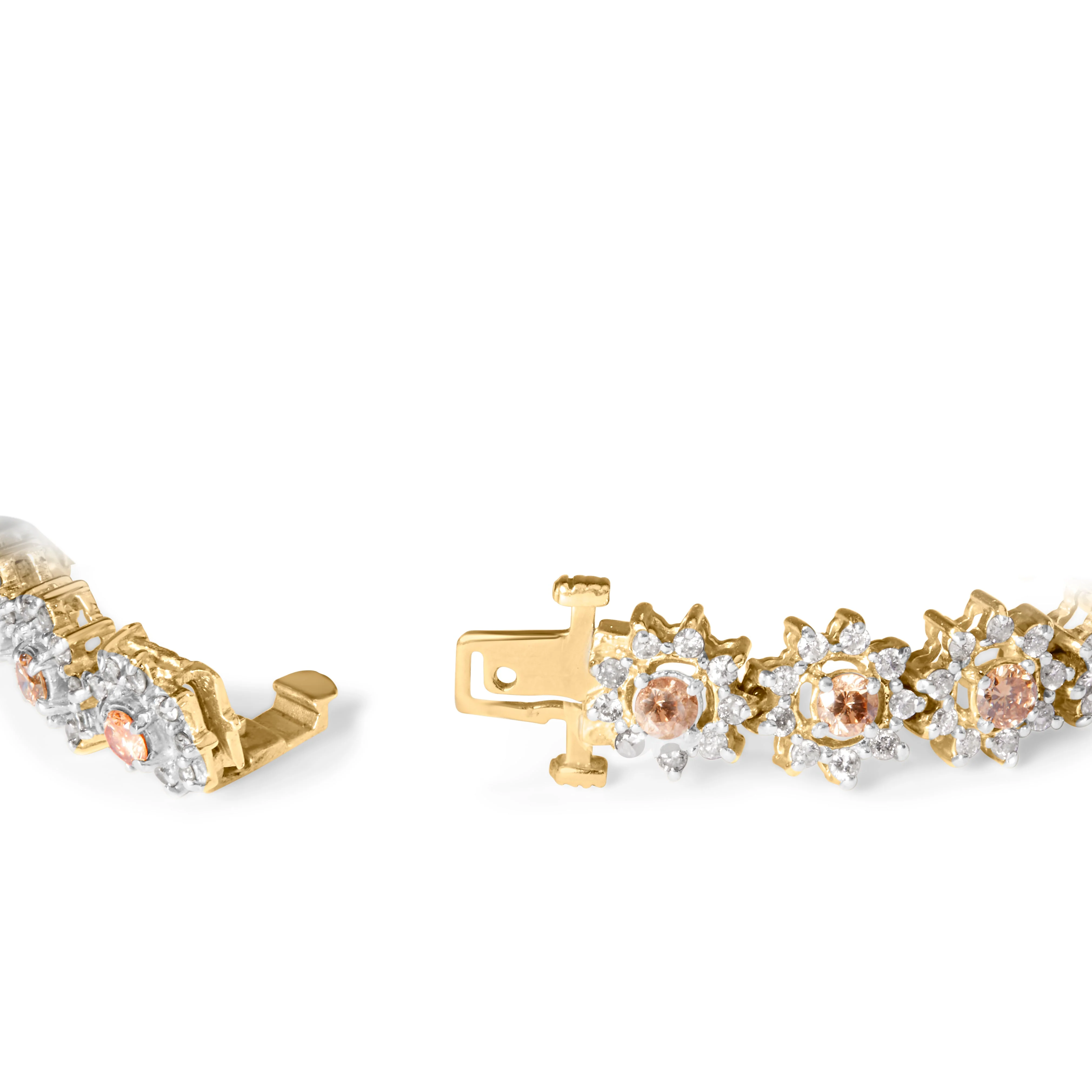 14K Yellow Gold 8.00 Cttw Champagne Diamond Floral Cluster Halo Link Bracelet (H-I Color, I1-I2 Clarity) - Image 6