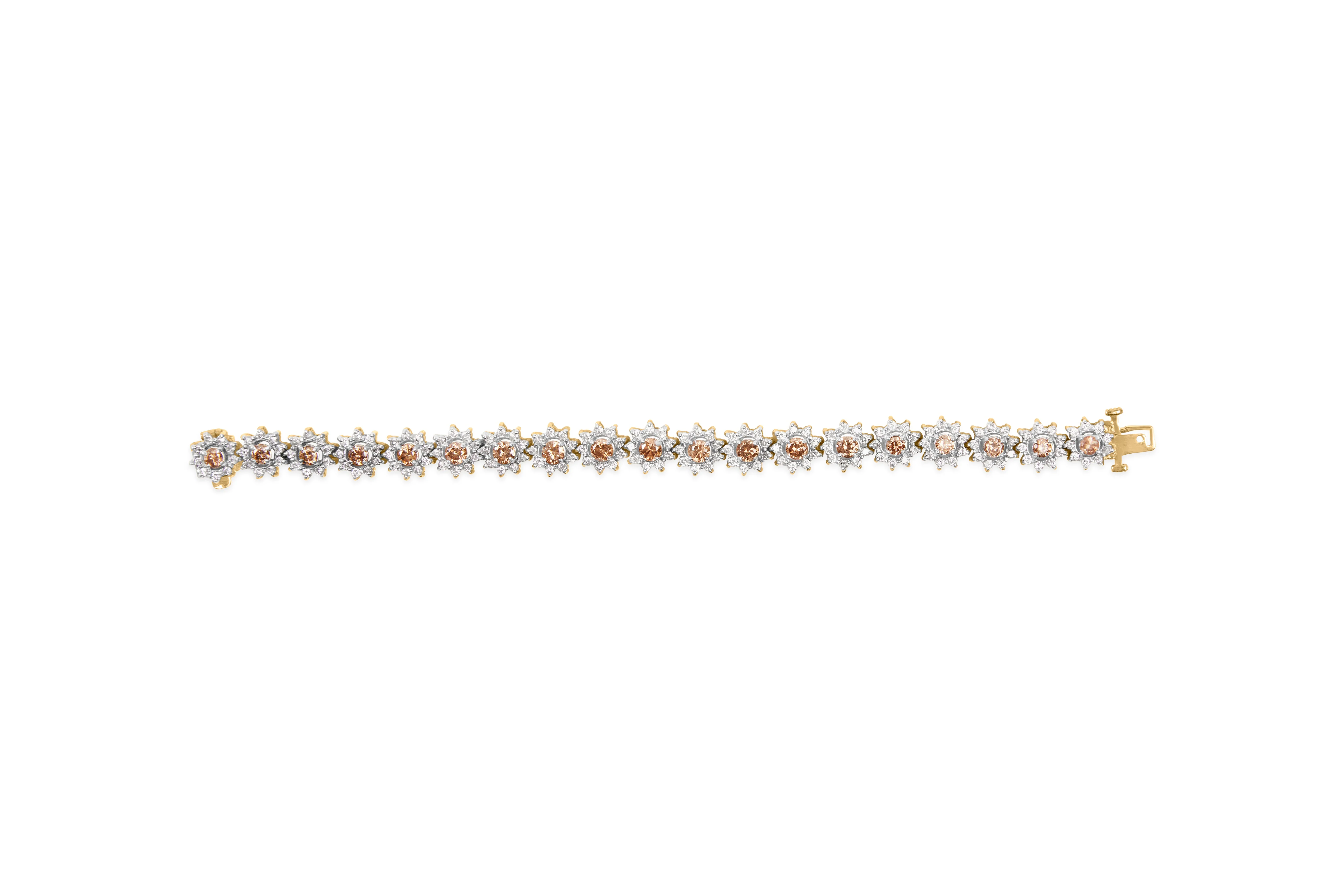 14K Yellow Gold 8.00 Cttw Champagne Diamond Floral Cluster Halo Link Bracelet (H-I Color, I1-I2 Clarity) - Image 8