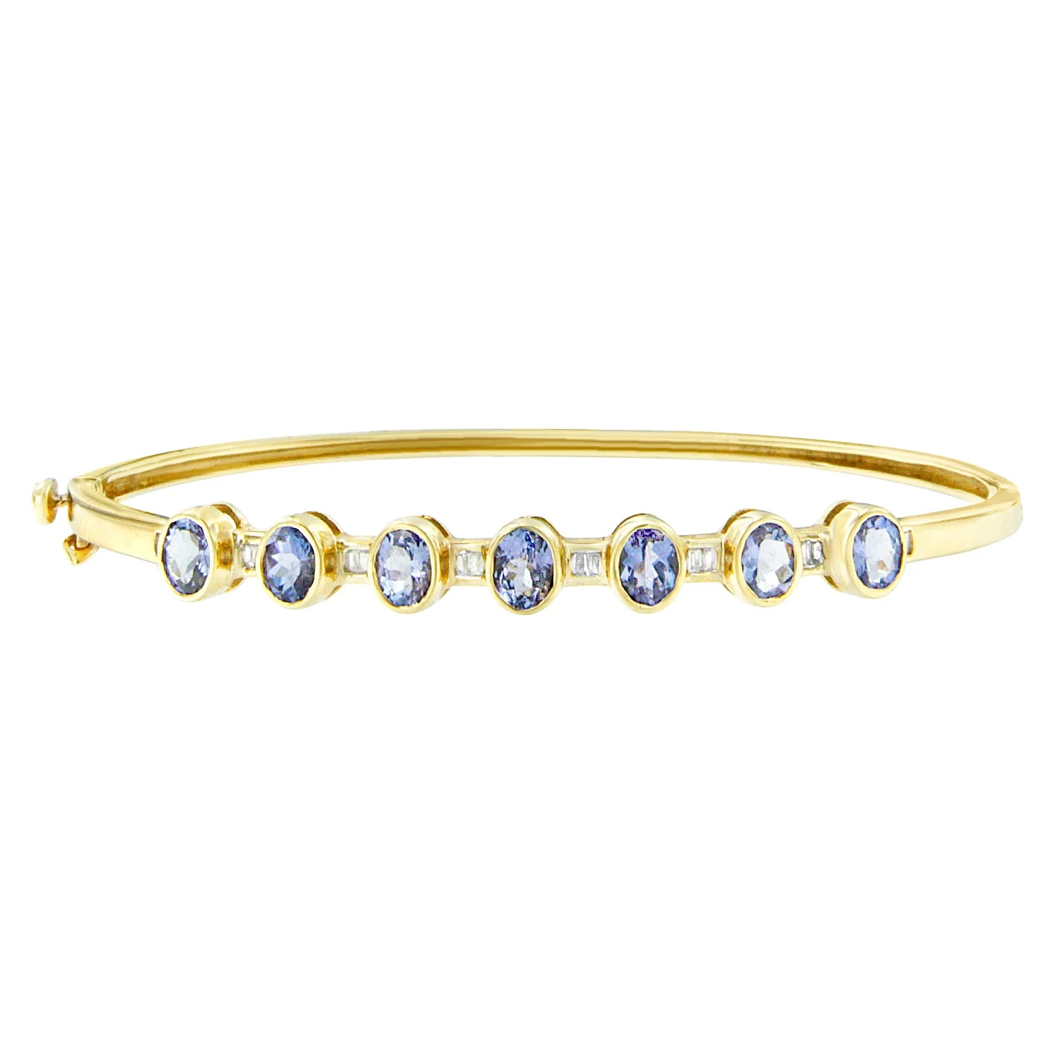 14K Yellow Gold Alternating Bezel Set 5MM Oval Shaped Tanzanite and 1/5 Cttw Diamond Bangle Bracelet (H-I Color, VS2-SI1 Clarity) - Fit's wrists up to 7.25" Inches