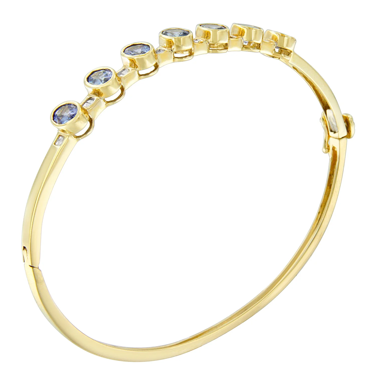 14K Yellow Gold Alternating Bezel Set 5MM Oval Shaped Tanzanite and 1/5 Cttw Diamond Bangle Bracelet (H-I Color, VS2-SI1 Clarity) - Fit's wrists up to 7.25" Inches - Image 3