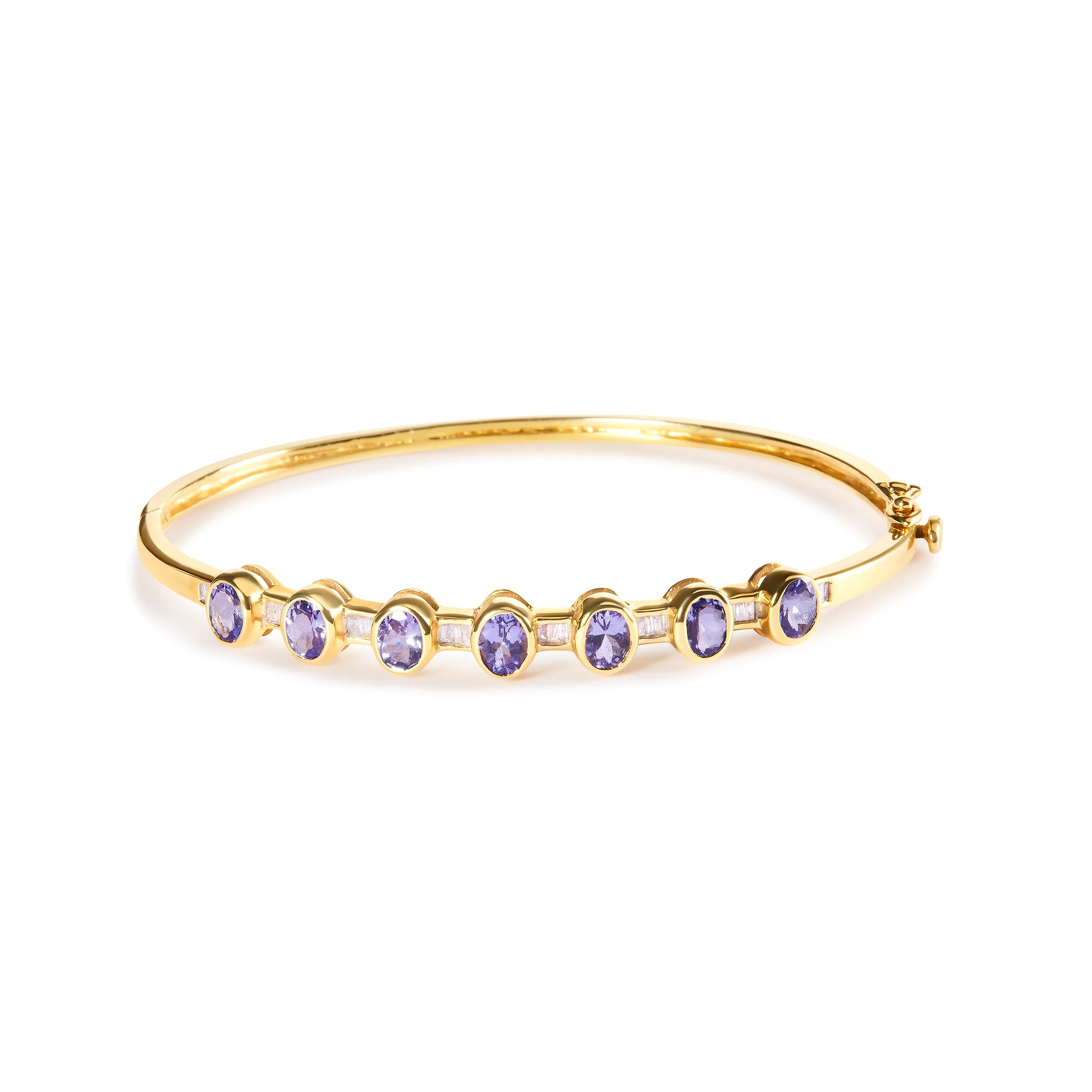 14K Yellow Gold Alternating Bezel Set 5MM Oval Shaped Tanzanite and 1/5 Cttw Diamond Bangle Bracelet (H-I Color, VS2-SI1 Clarity) - Fit's wrists up to 7.25" Inches - Image 4