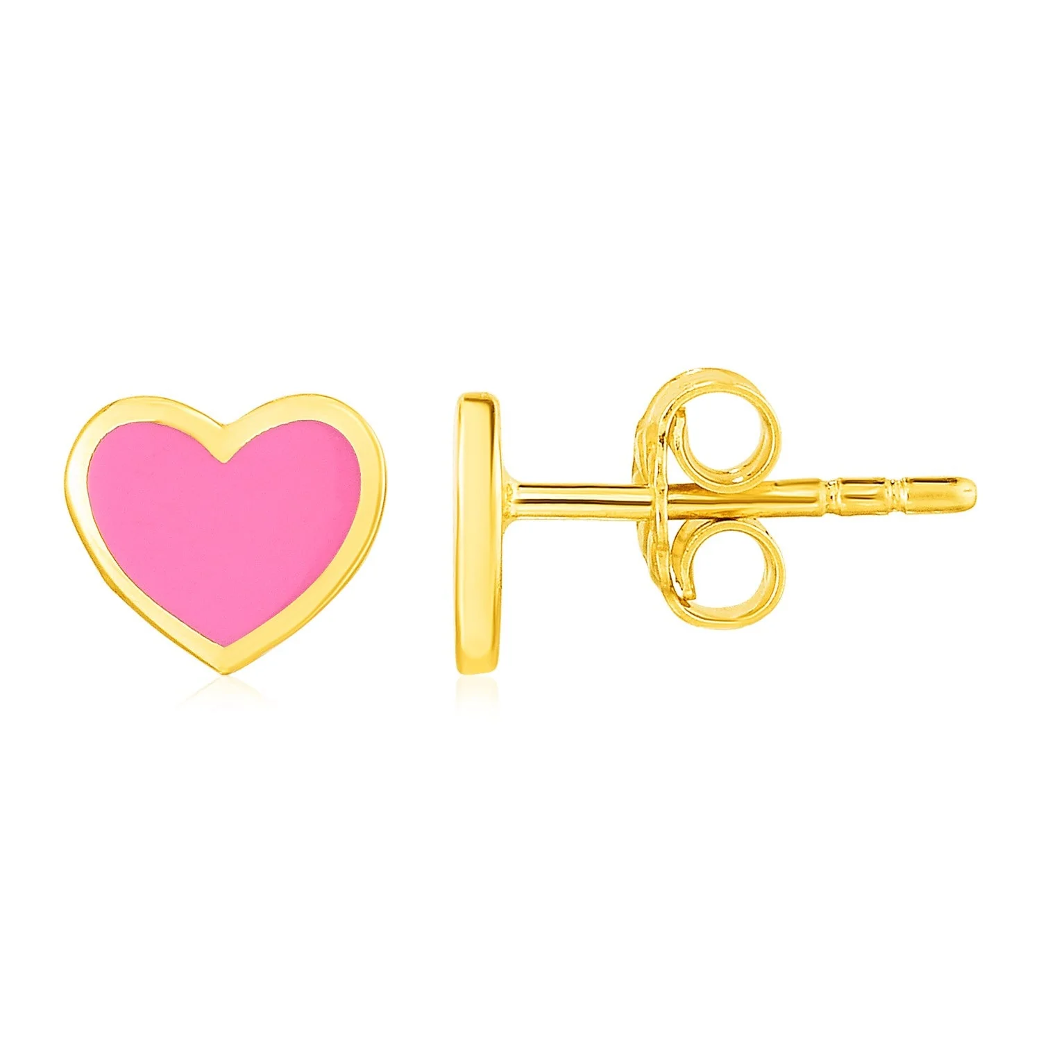 14k Yellow Gold and Enamel Pink Heart Stud Earrings - Image 2