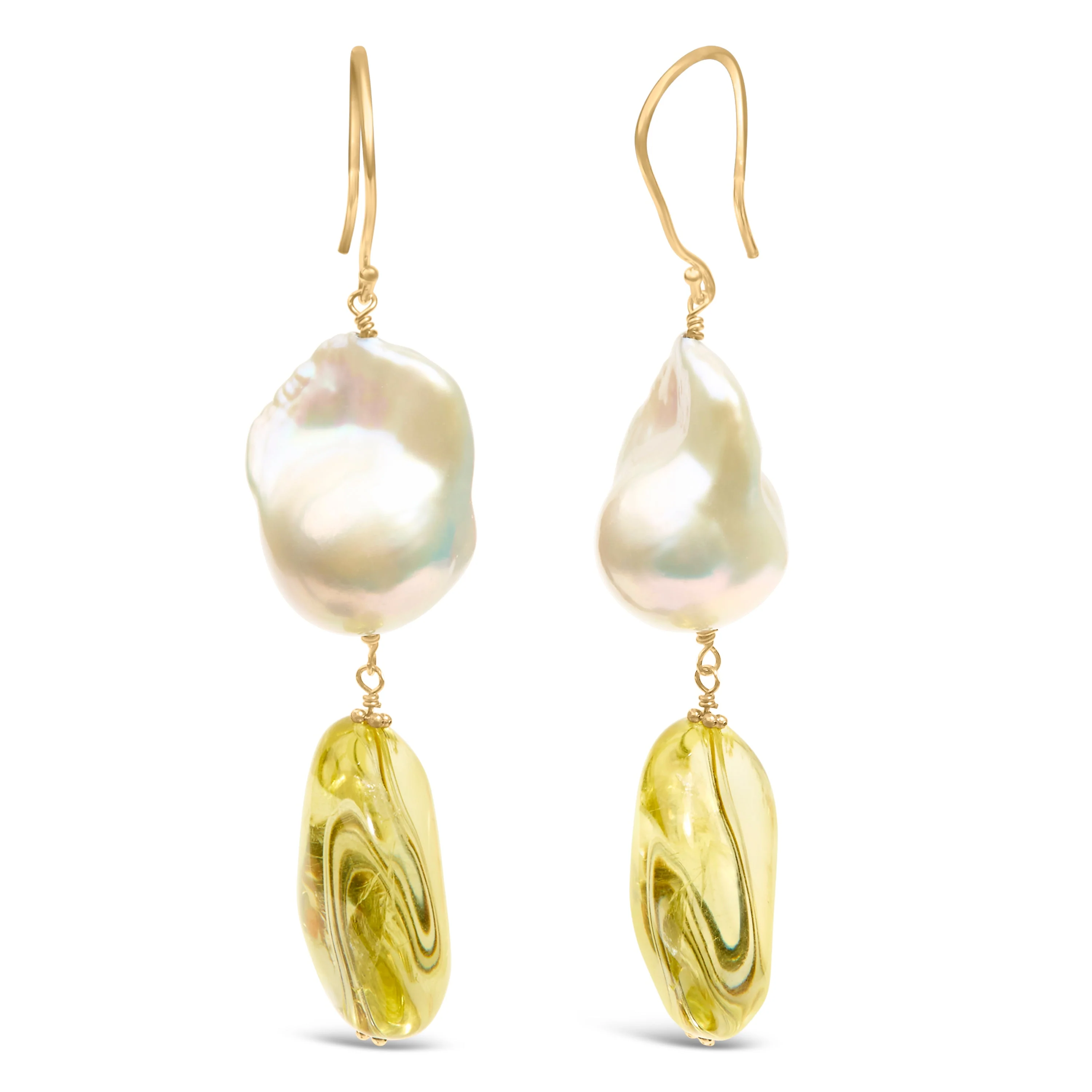 14K Yellow Gold Citrine and Baroque Pearl Drop and Dangle Earrings 1 3/4 Inch Dangle - Image 2