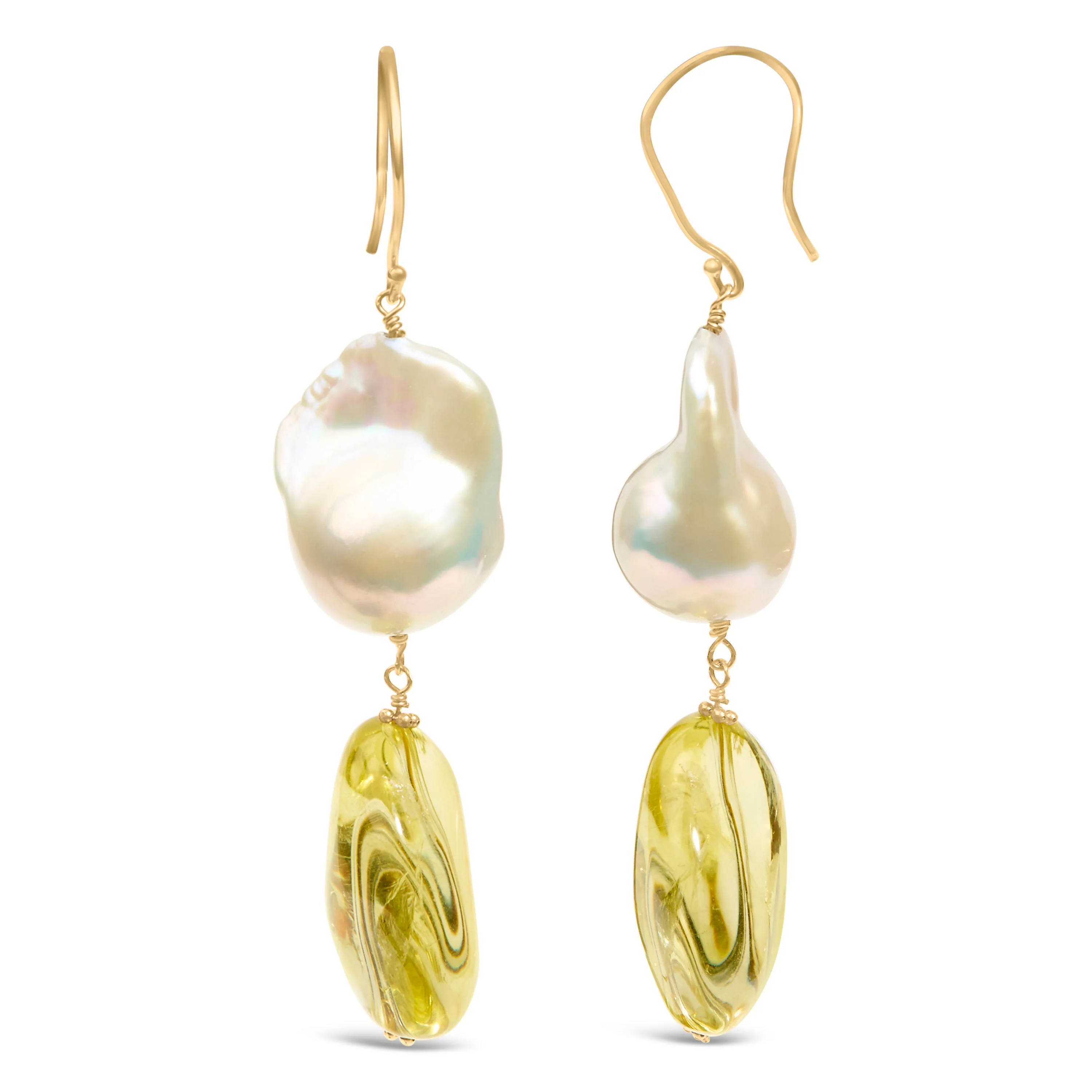 14K Yellow Gold Citrine and Baroque Pearl Drop and Dangle Earrings 1 3/4 Inch Dangle - Image 3