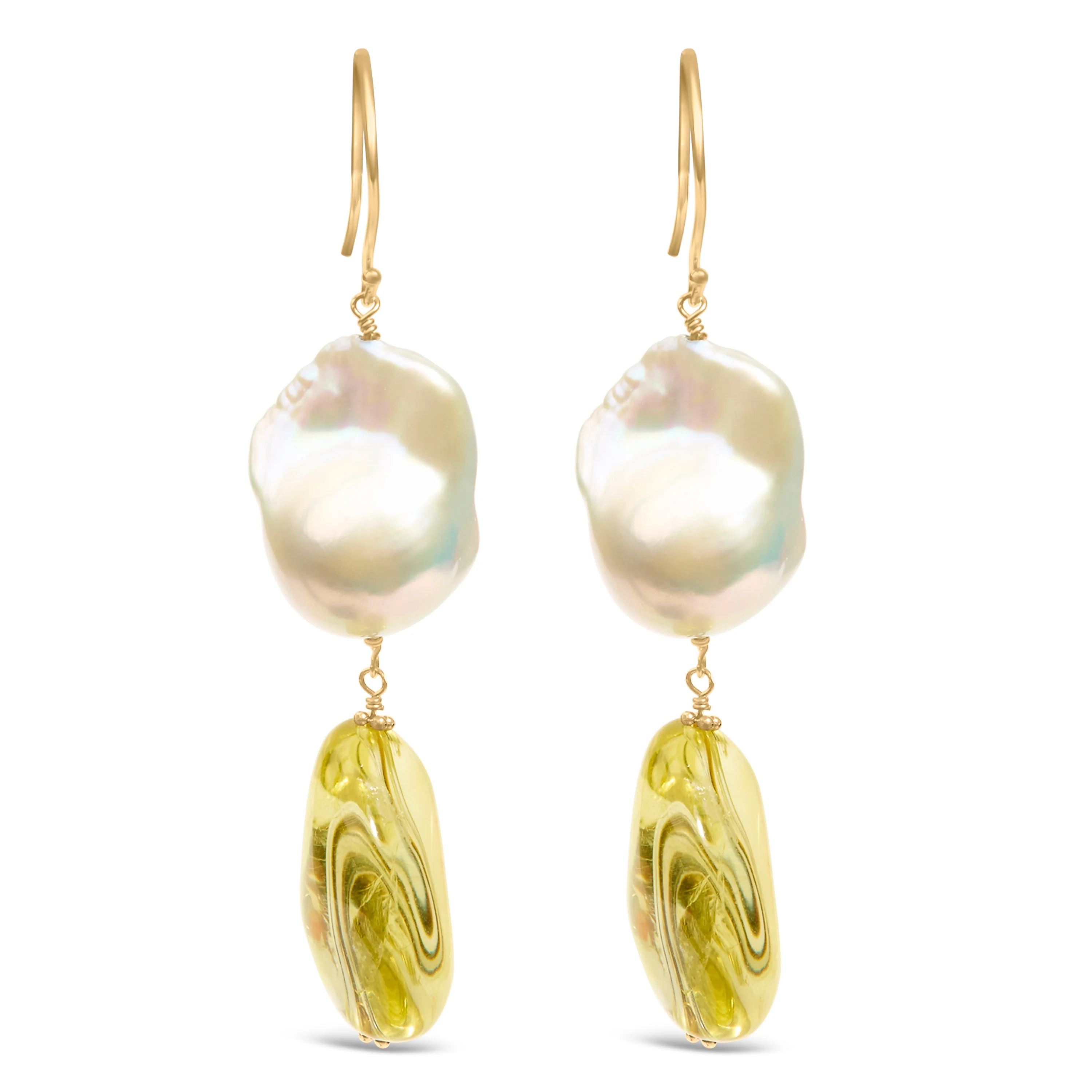 14K Yellow Gold Citrine and Baroque Pearl Drop and Dangle Earrings 1 3/4 Inch Dangle - Image 4