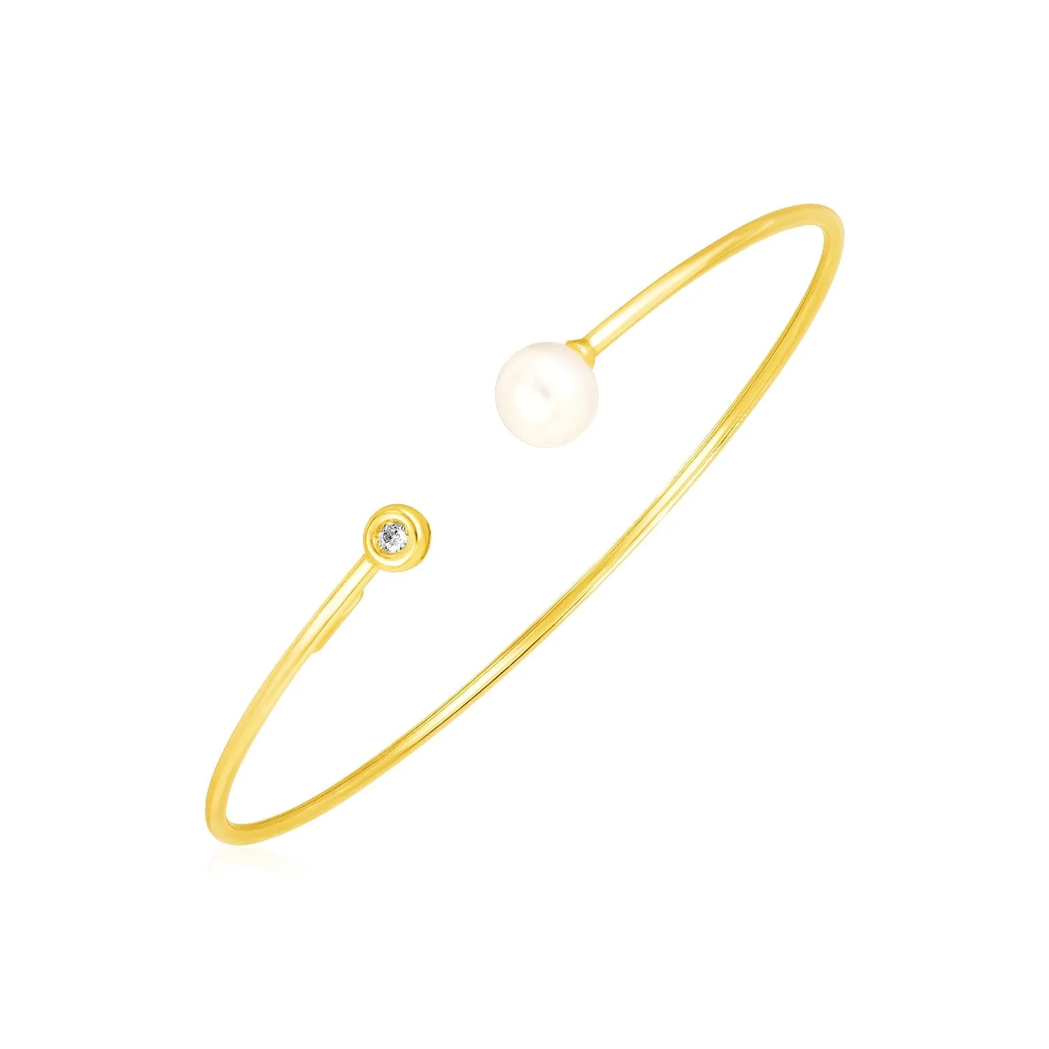 14k Yellow Gold Cuff Bangle with Pearl and Diamond - Image 3