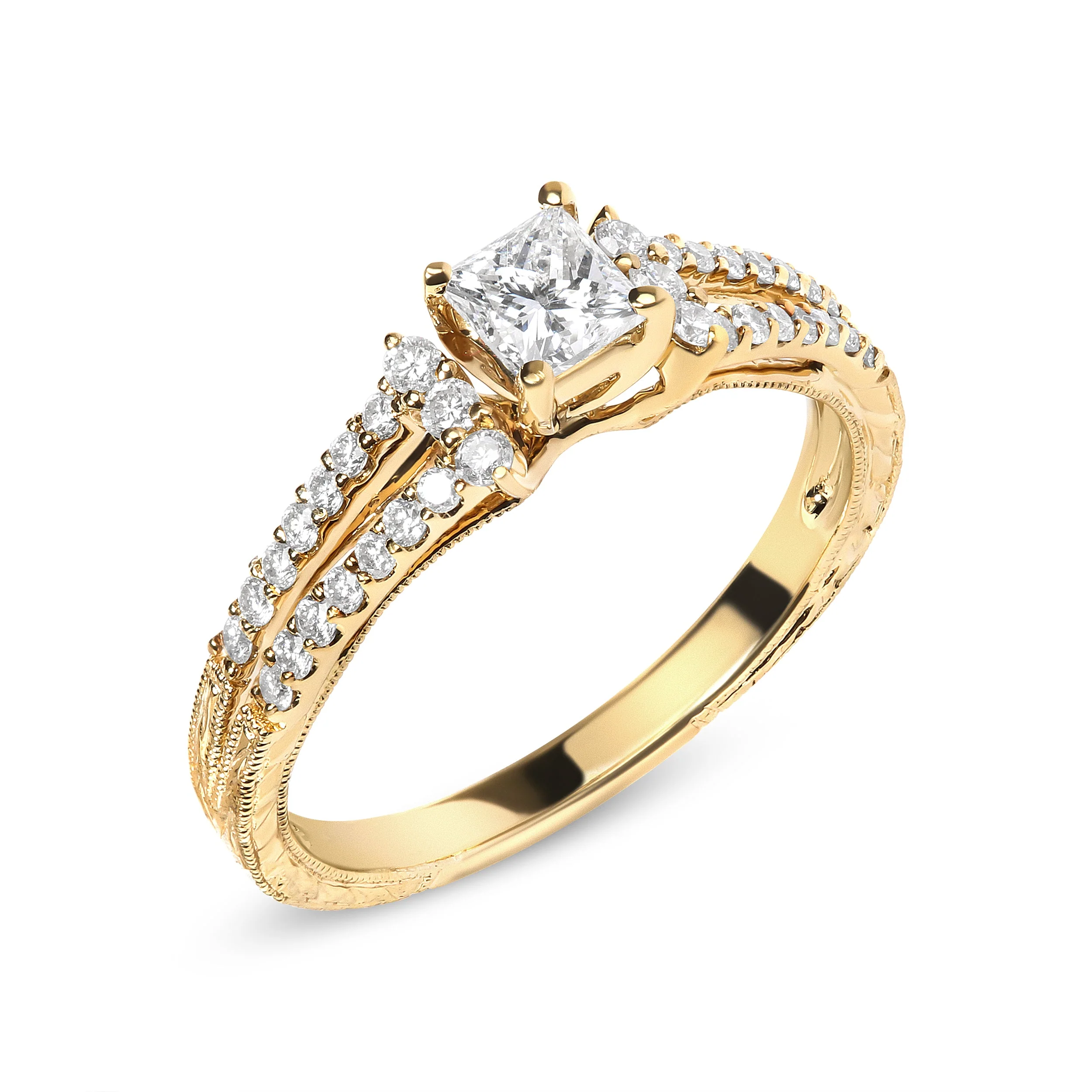 14K Yellow Gold Diamond 5/8 Cttw Princess Diamond Split Shank and Milgrain Engagement Ring (G-H Color, VS2-SI1 Clarity) - Size 7 - Image 7