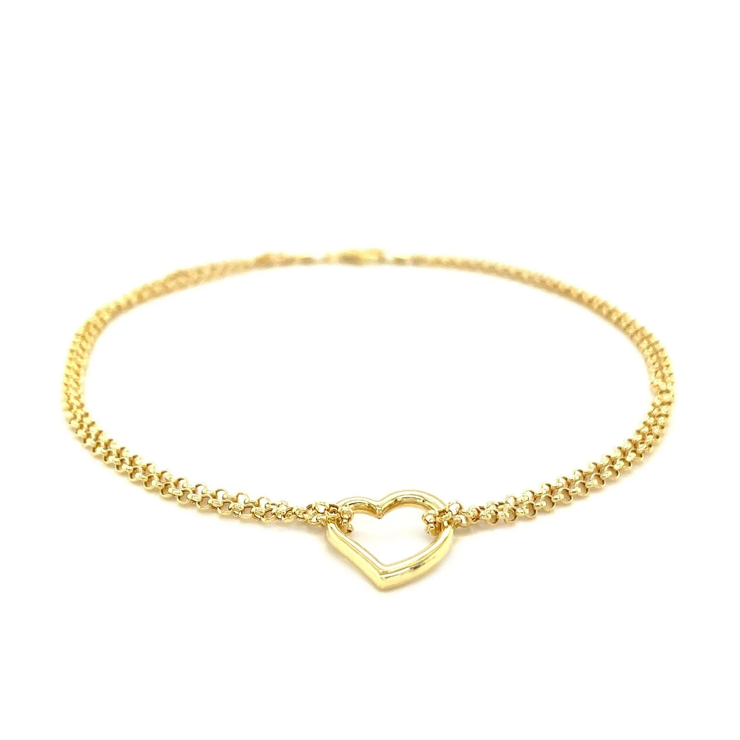 14k Yellow Gold Double Rolo Chain Anklet with an Open Heart Station - Image 6
