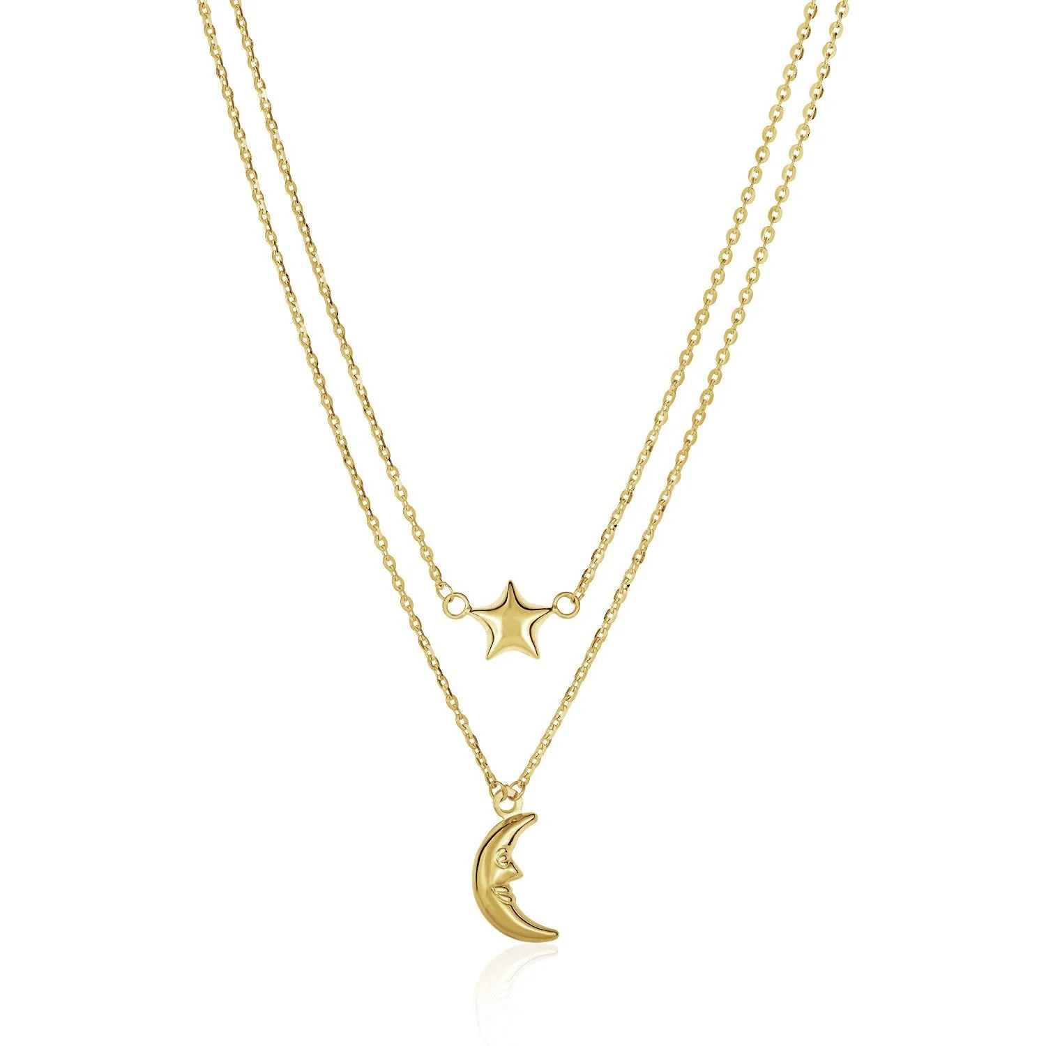 14k Yellow Gold Double-Strand Chain Necklace with Puff Moon and Star - Image 6