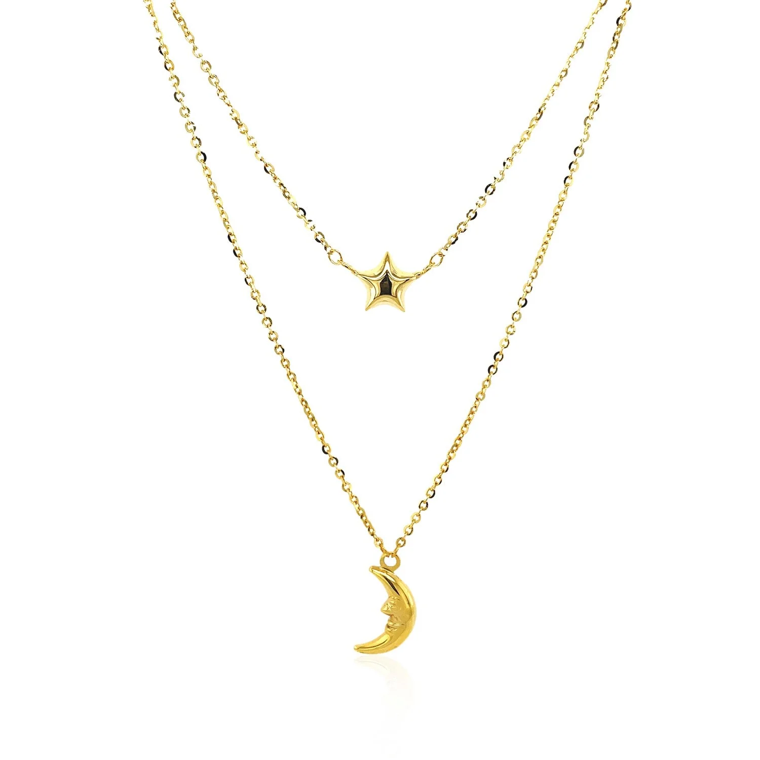 14k Yellow Gold Double-Strand Chain Necklace with Puff Moon and Star - Image 7