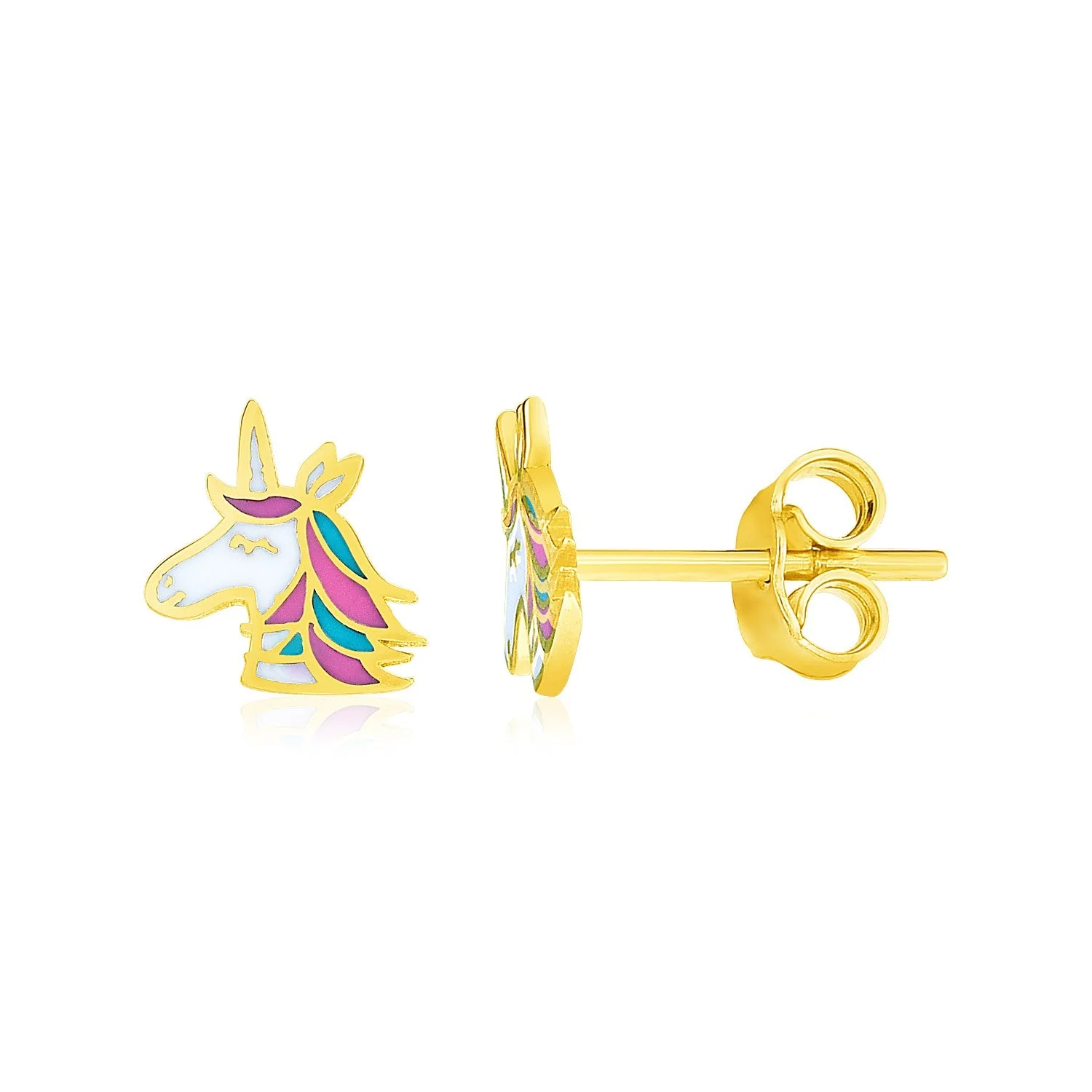 14k Yellow Gold Enameled Unicorn Childrens Earrings - Image 2