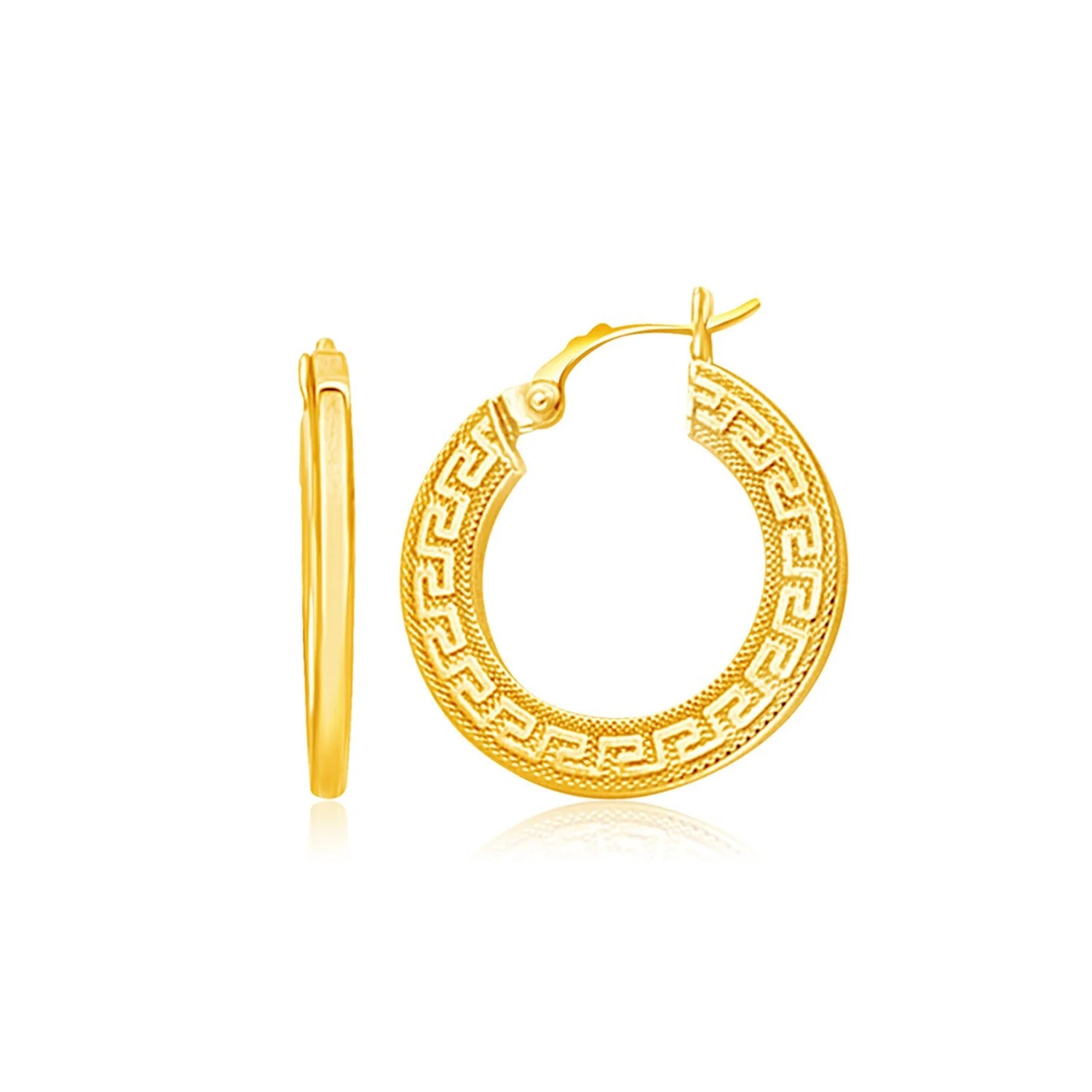 14k Yellow Gold Greek Key Medium Hoop Earrings with Flat Sides - Image 2