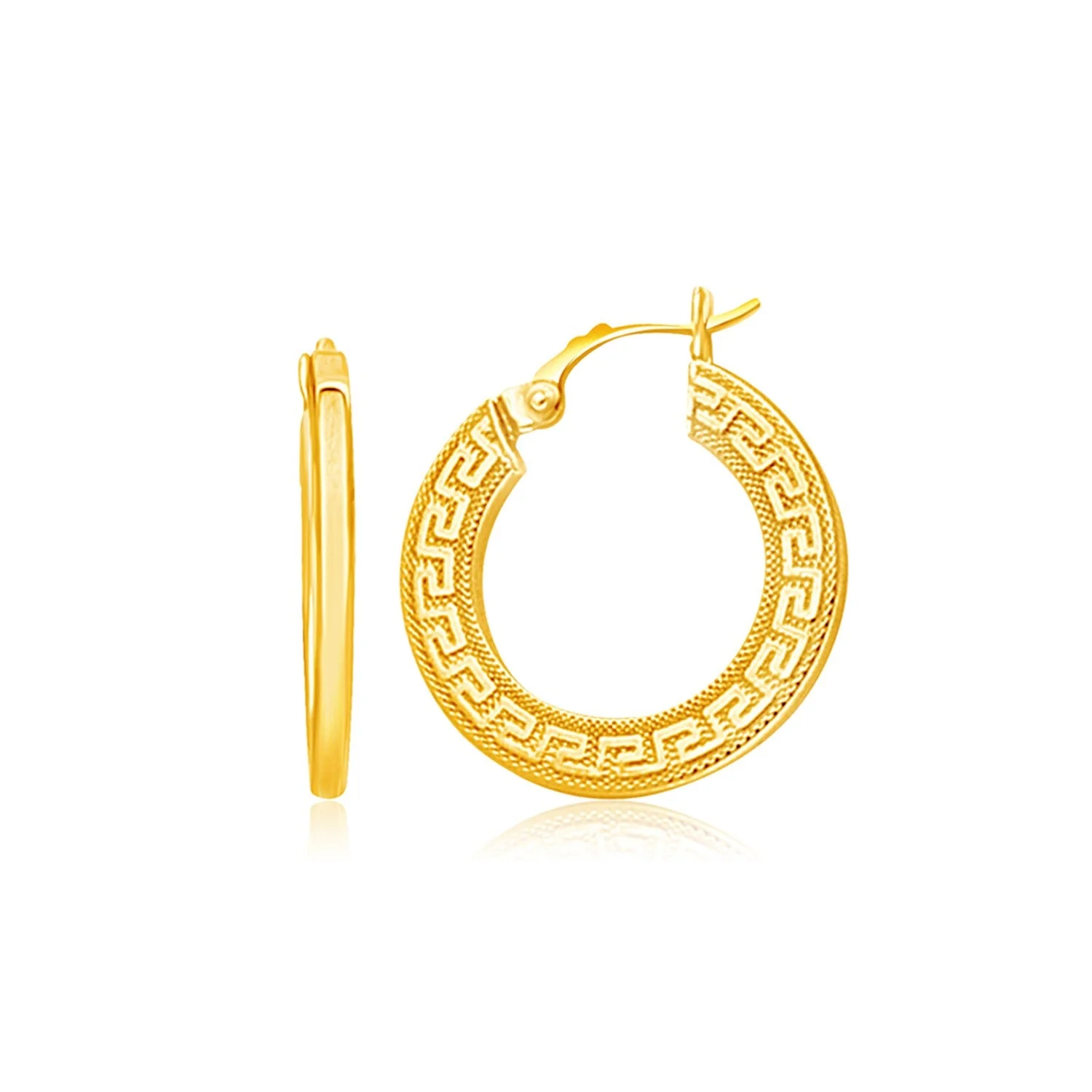 14k Yellow Gold Greek Key Medium Hoop Earrings with Flat Sides - Image 3