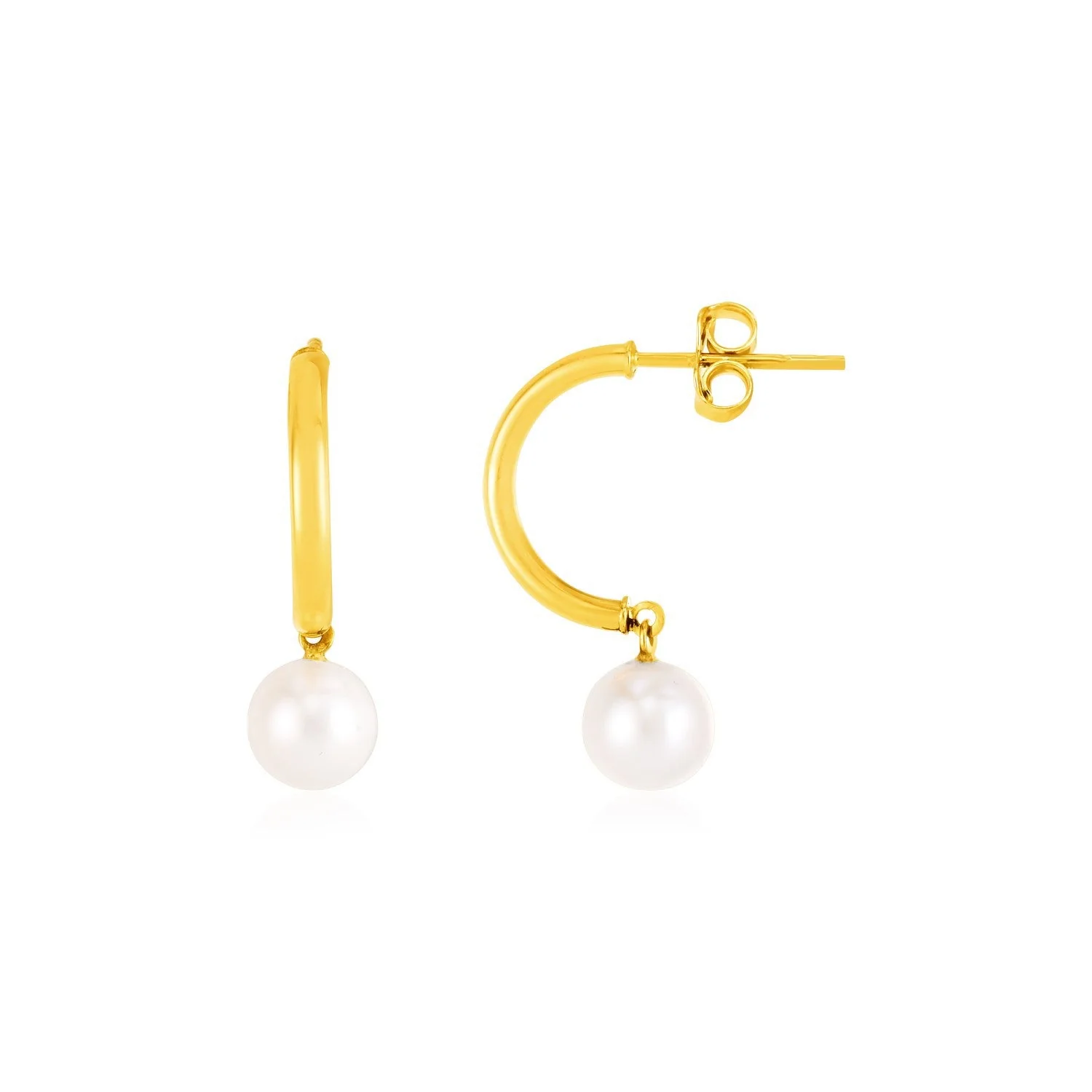 14k Yellow Gold Half Hoop Earrings with Pearls - Image 2
