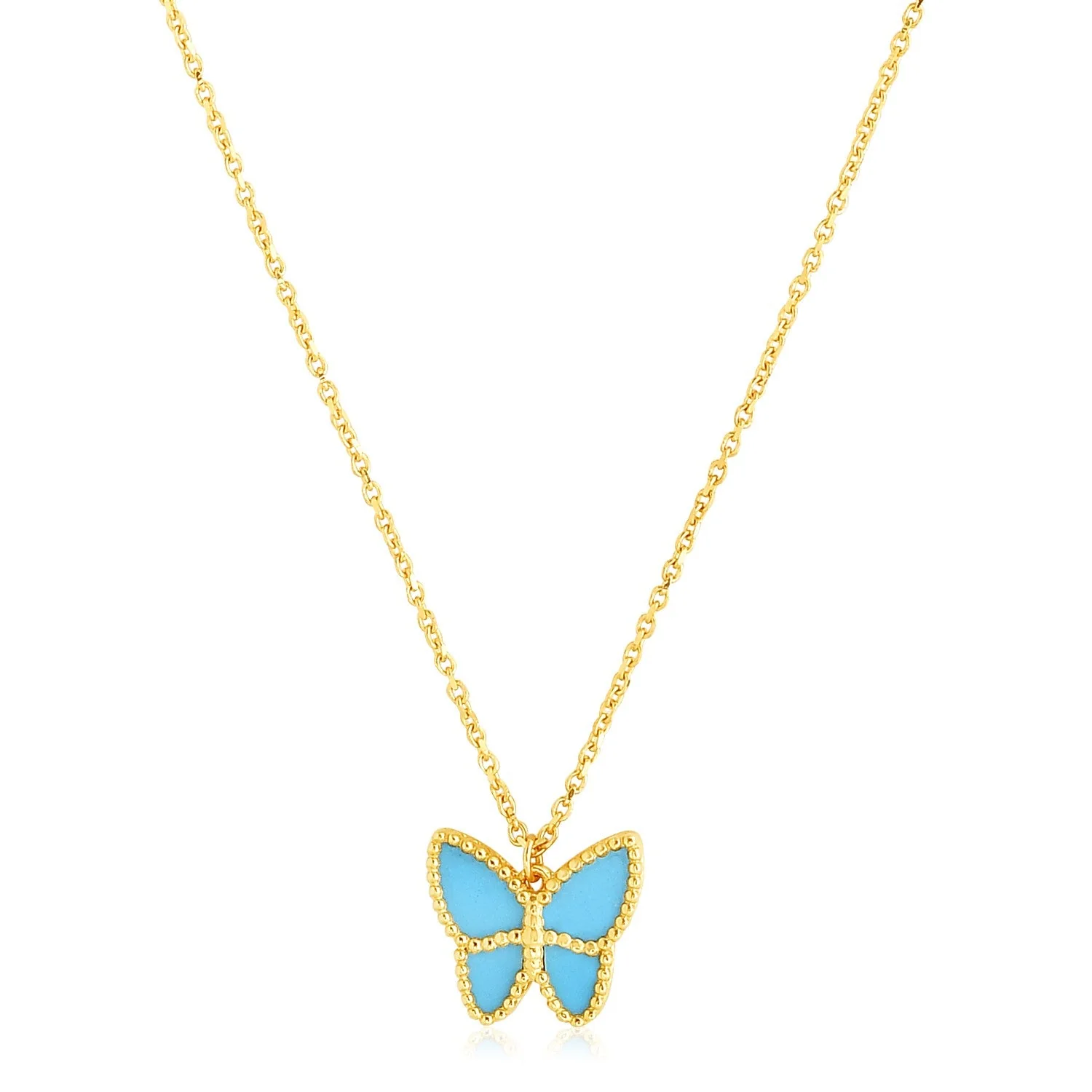 14k Yellow Gold High Polish Butterfly Turquoise Paste Necklace - Image 4