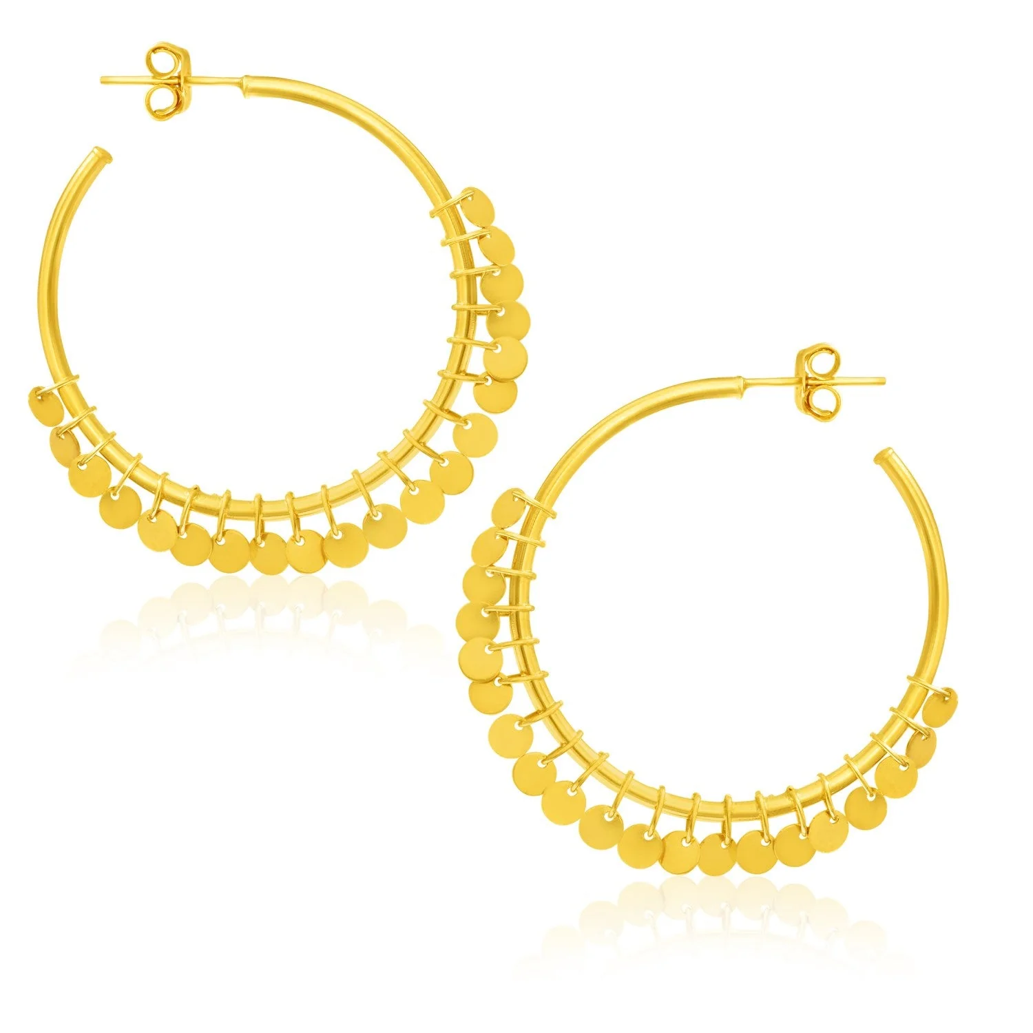 14k Yellow Gold Hoop Style Earrings with Dangling Sequins - Image 2